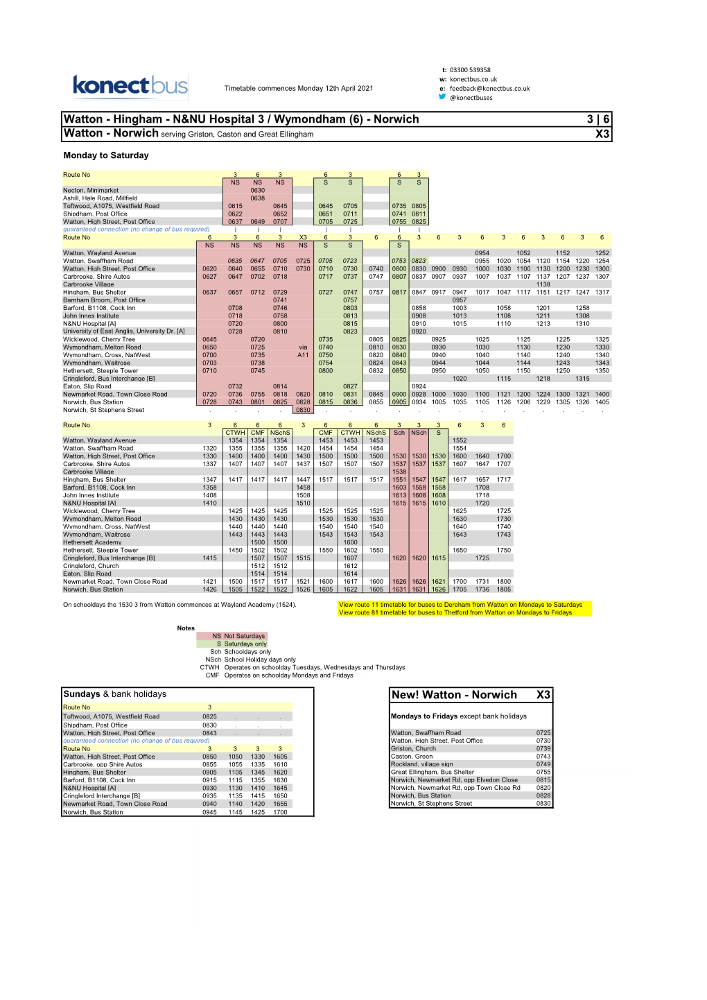 Watton - Hingham - N&NU Hospital 3 / Wymondham (6) - Norwich 3 | 6 Watton - Norwich Serving Griston, Caston and Great Ellingham X3