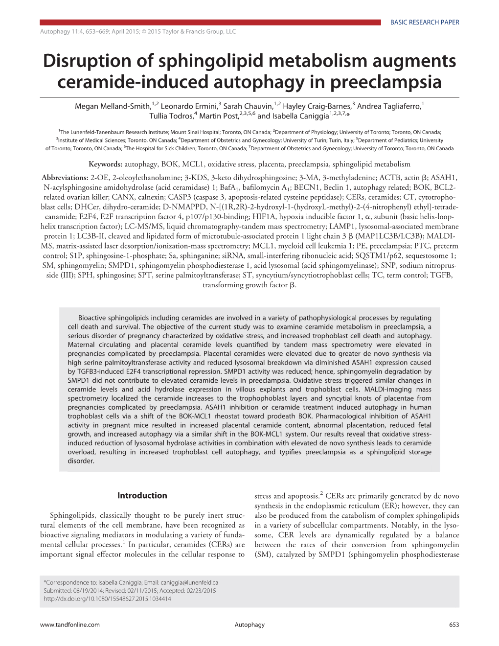 Disruption of Sphingolipid Metabolism Augments Ceramide-Induced Autophagy in Preeclampsia