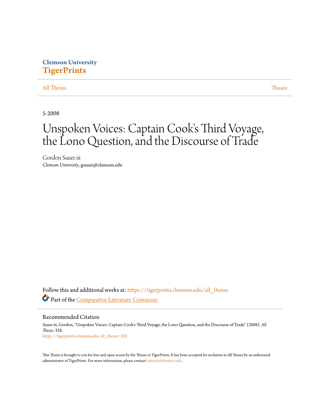 Captain Cook's Third Voyage, the Lono Question, and the Discourse of Trade Gordon Sauer Iii Clemson University, Gsauer@Clemson.Edu