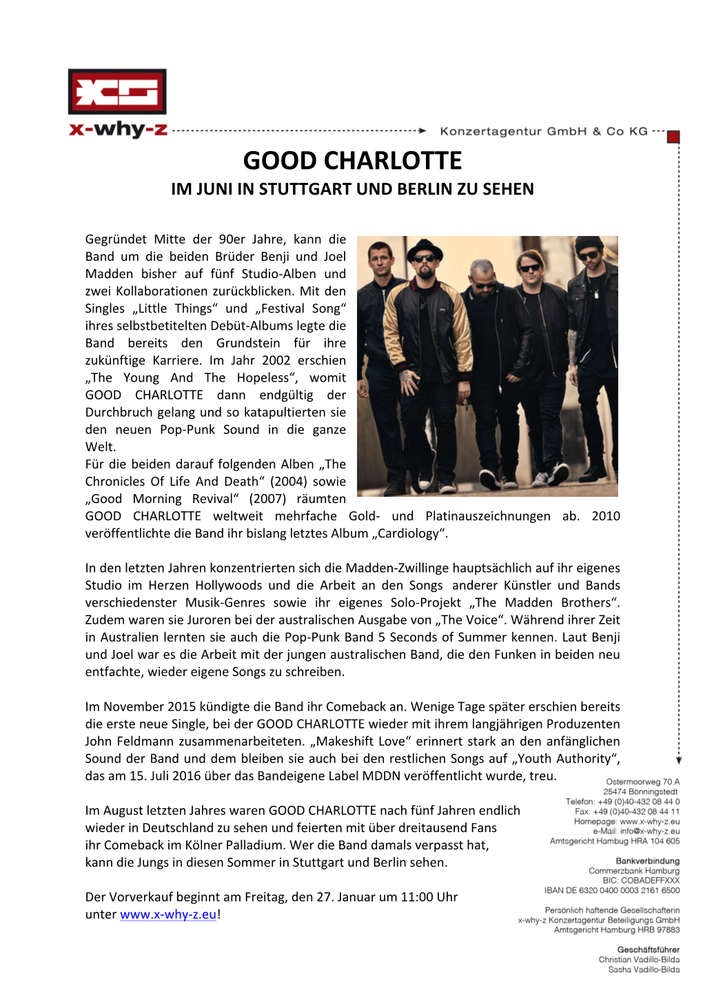 Good Charlotte Im Juni in Stuttgart Und Berlin Zu Sehen