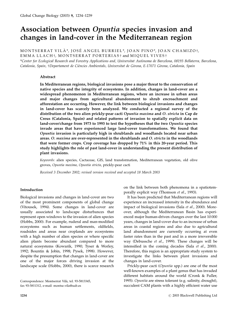 Association Between Opuntia Species Invasion and Changes in Land-Cover in the Mediterranean Region