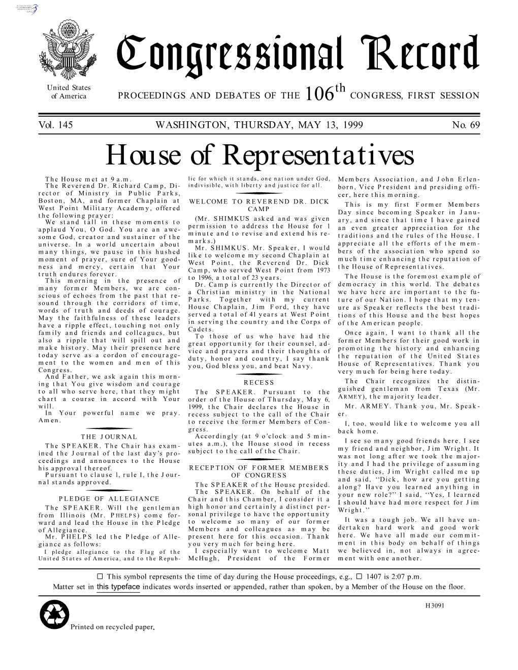 Congressional Record United States Th of America PROCEEDINGS and DEBATES of the 106 CONGRESS, FIRST SESSION