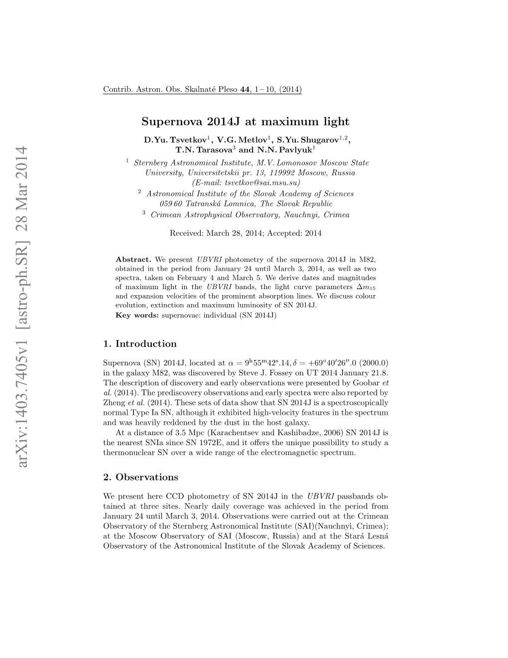 Arxiv:1403.7405V1 [Astro-Ph.SR] 28 Mar 2014 Oti.Ato.Os Skalnat´E Pleso Obs