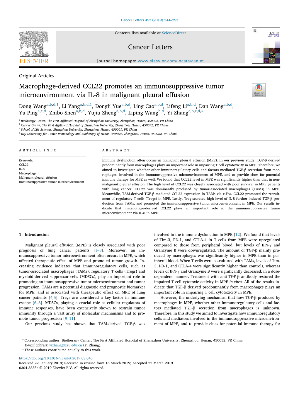 Macrophage-Derived CCL22 Promotes an Immunosuppressive Tumor Microenvironment Via IL-8 in Malignant Pleural Eﬀusion T