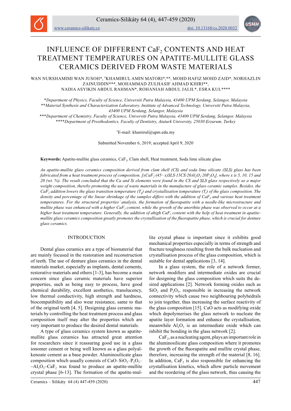 Ceramics-Silikáty 64 (4), 447-459 (2020) Doi: 10.13168/Cs.2020.0032