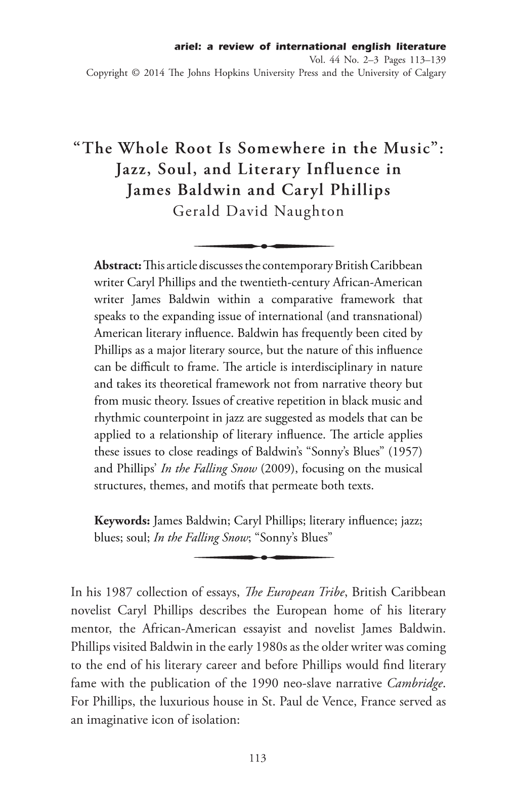 Jazz, Soul, and Literary Influence in James Baldwin and Caryl Phillips Gerald David Naughton