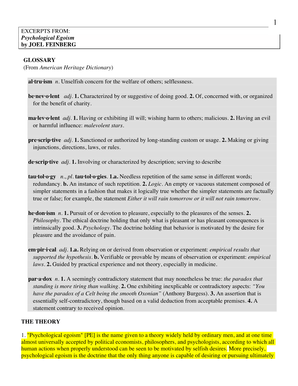 Psychological Egoism by JOEL FEINBERG GLOSSARY