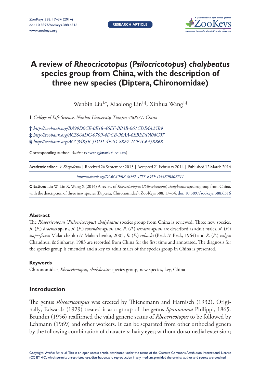 A Review of Rheocricotopus (Psilocricotopus) Chalybeatus Species Group from China, with the Description of Three New Species (Diptera, Chironomidae)