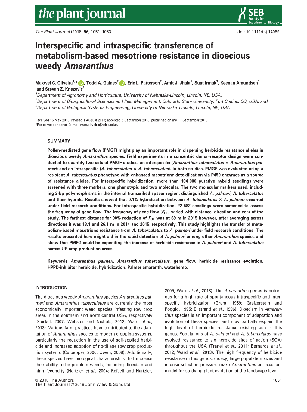 Based Mesotrione Resistance in Dioecious Weedy Amaranthus