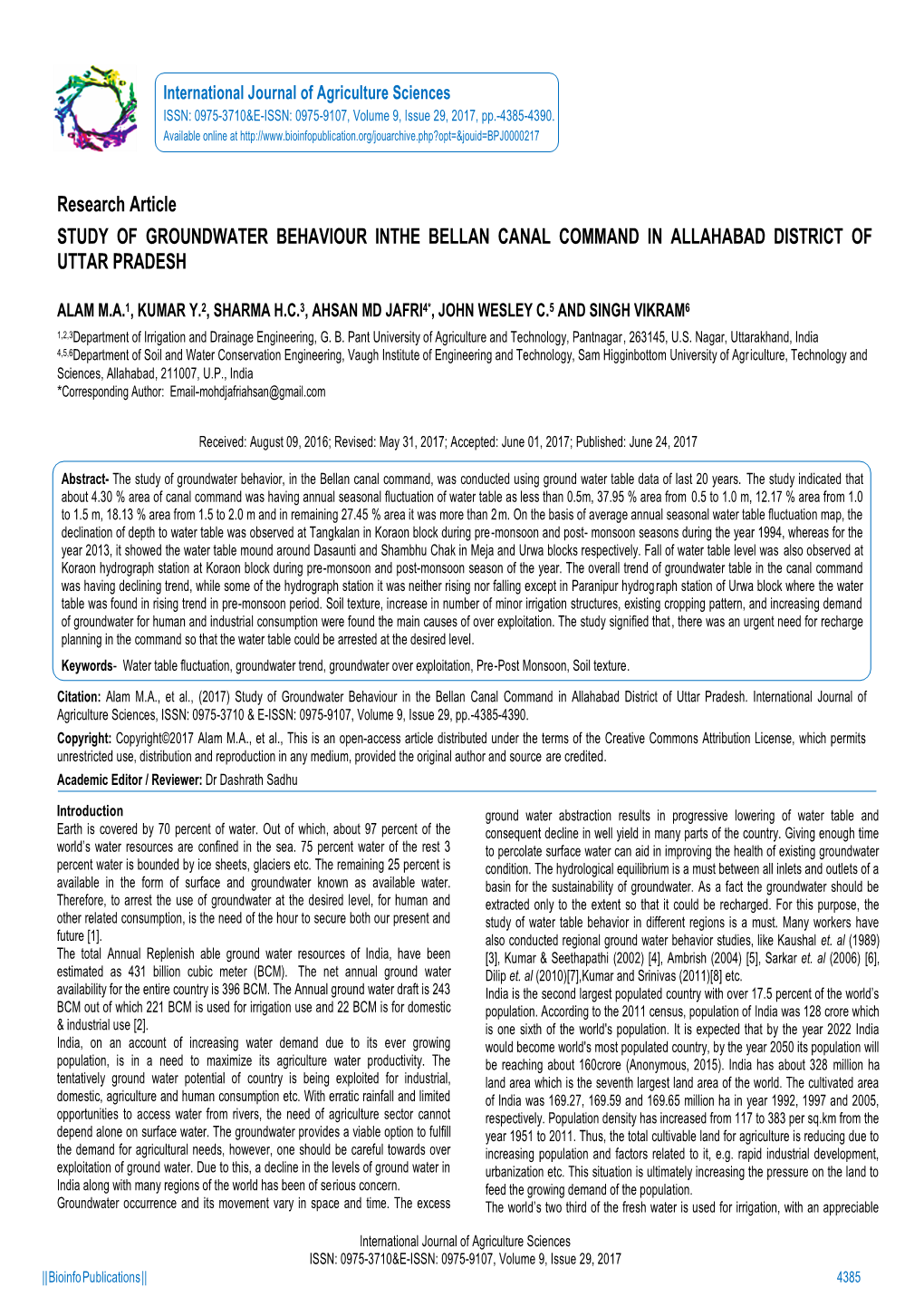 Research Article STUDY of GROUNDWATER BEHAVIOUR INTHE BELLAN CANAL COMMAND in ALLAHABAD DISTRICT of UTTAR PRADESH