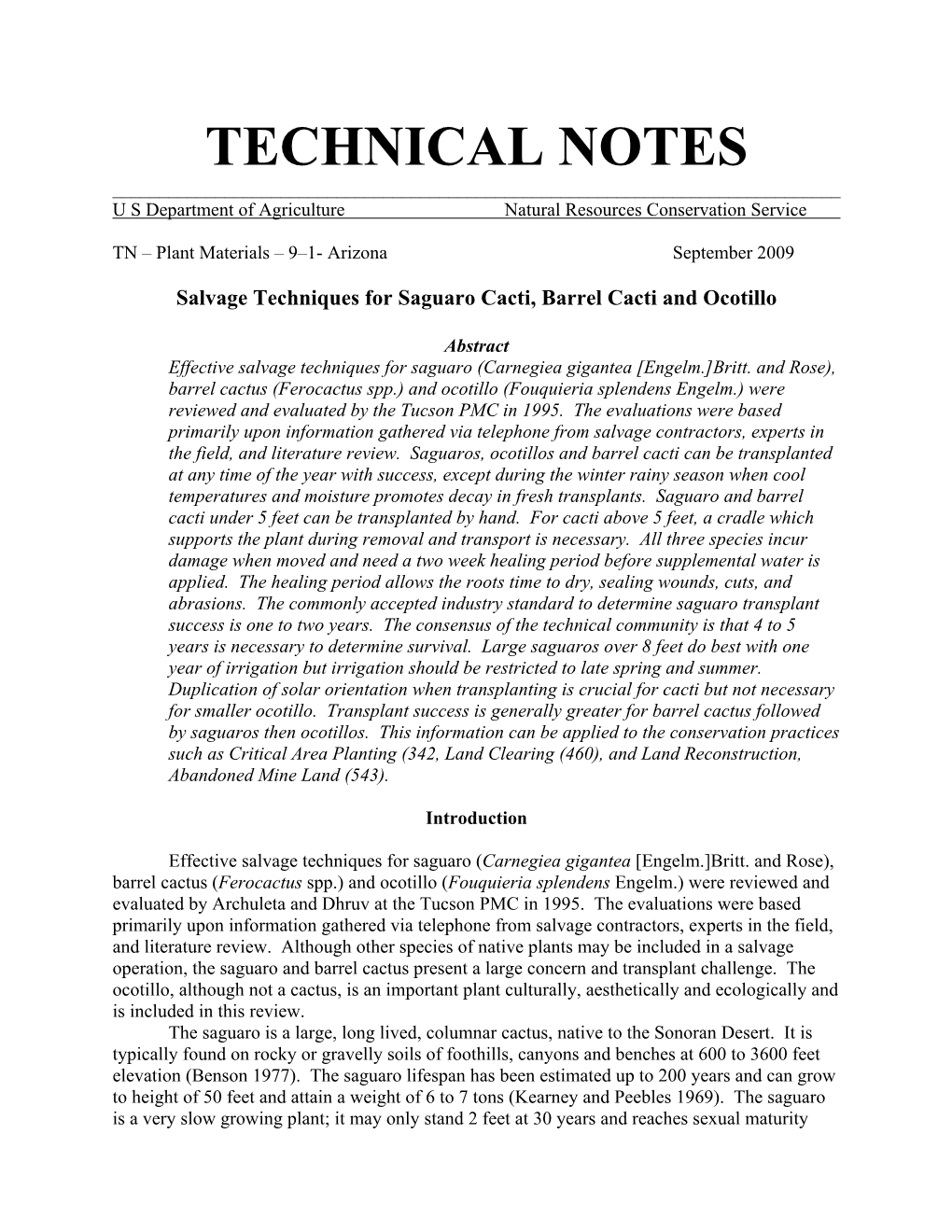 Technical Note: TN 9-1, Salvage Techniques for Saguaro Cacti