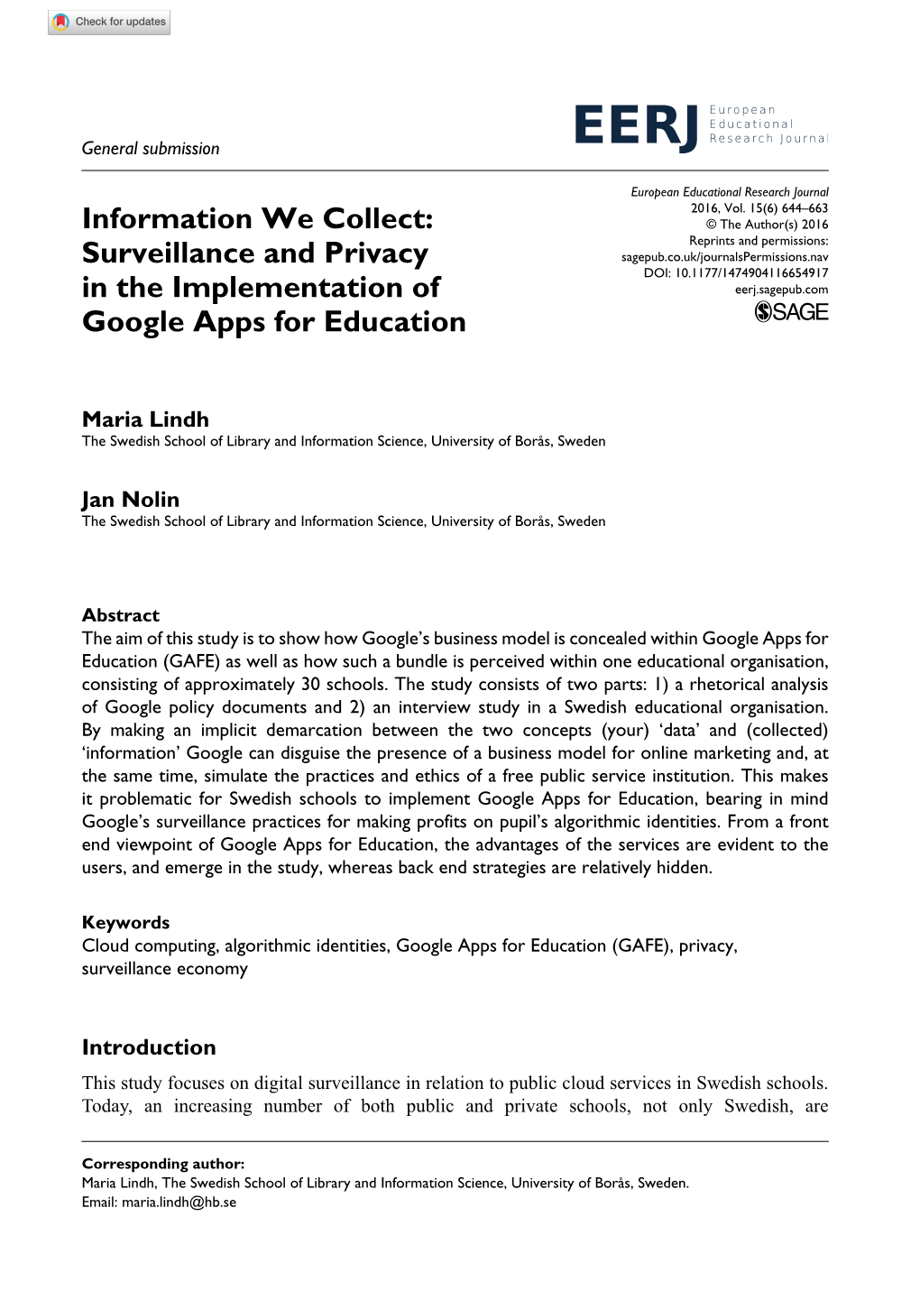 Surveillance and Privacy in the Implementation of Google Apps For