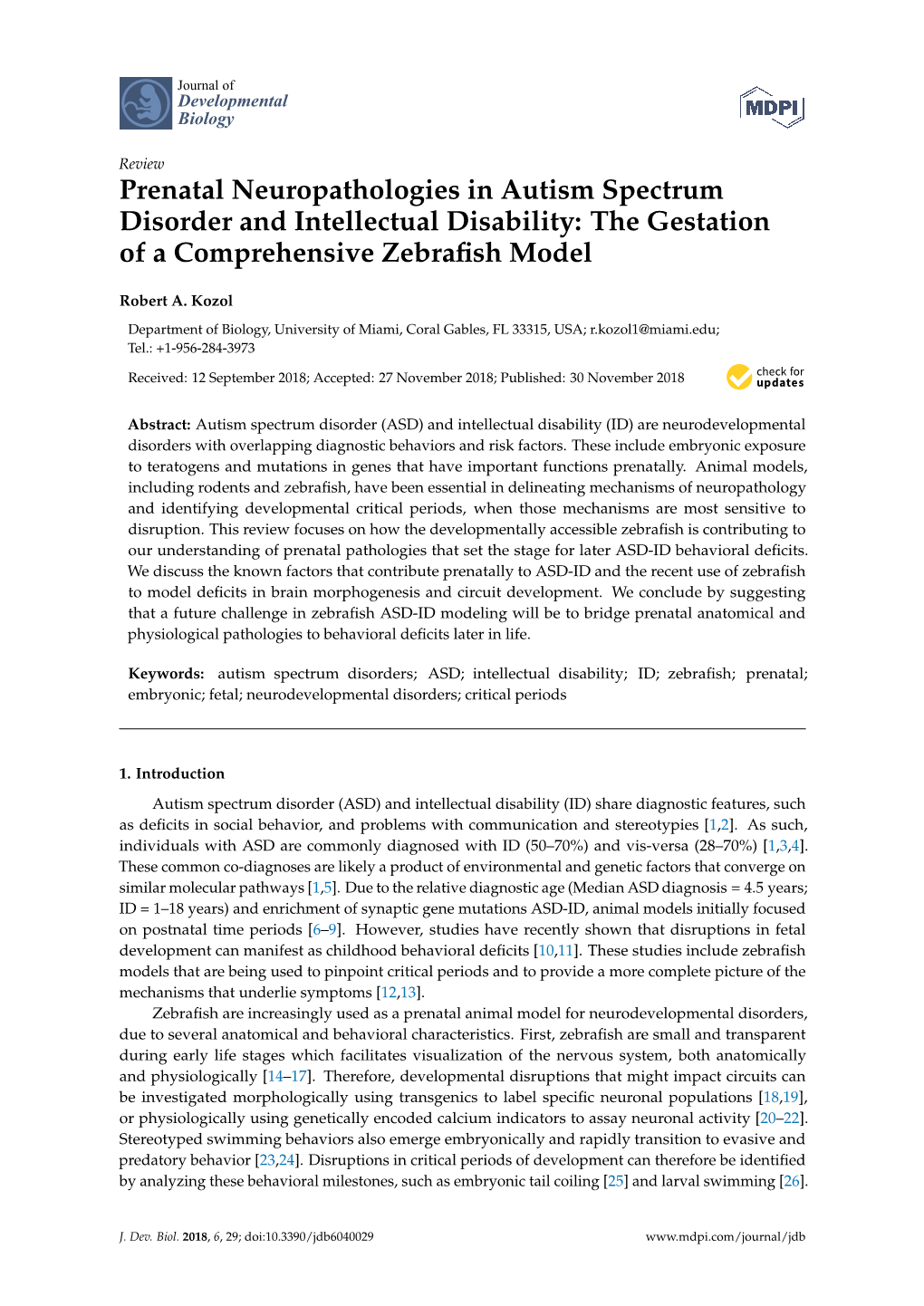 Prenatal Neuropathologies in Autism Spectrum Disorder and Intellectual Disability: the Gestation of a Comprehensive Zebraﬁsh Model