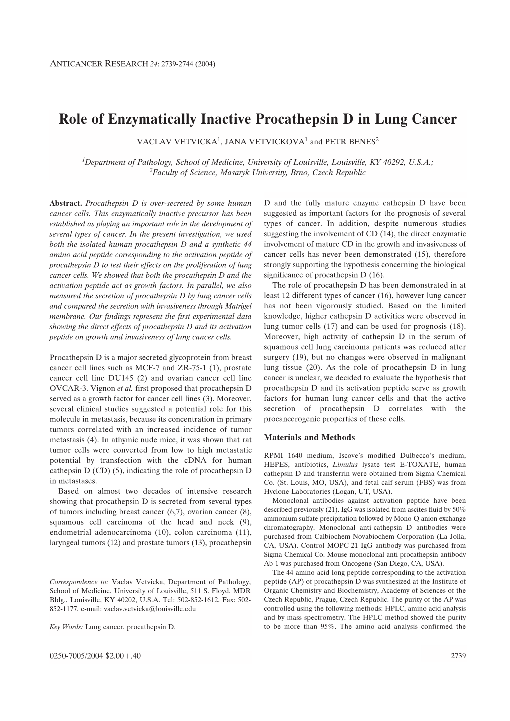 Role of Enzymatically Inactive Procathepsin D in Lung Cancer