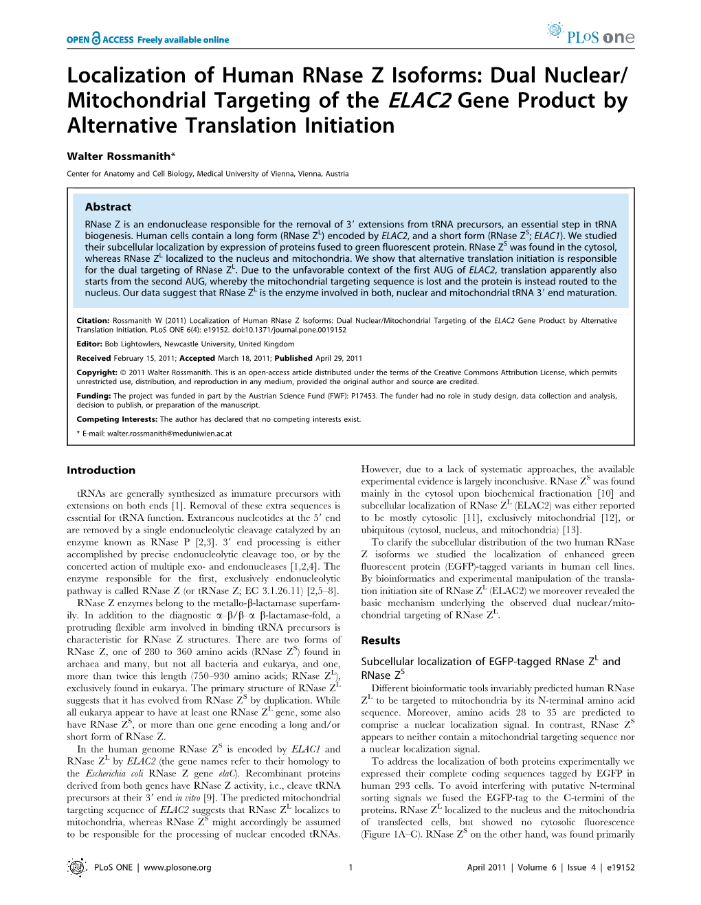 Localization of Human Rnase Z Isoforms: Dual Nuclear/ Mitochondrial Targeting of the ELAC2 Gene Product by Alternative Translation Initiation