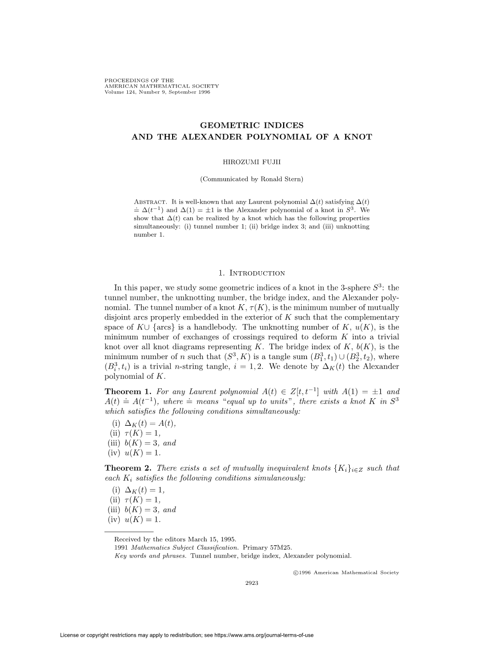 Geometric Indices and the Alexander Polynomial of a Knot