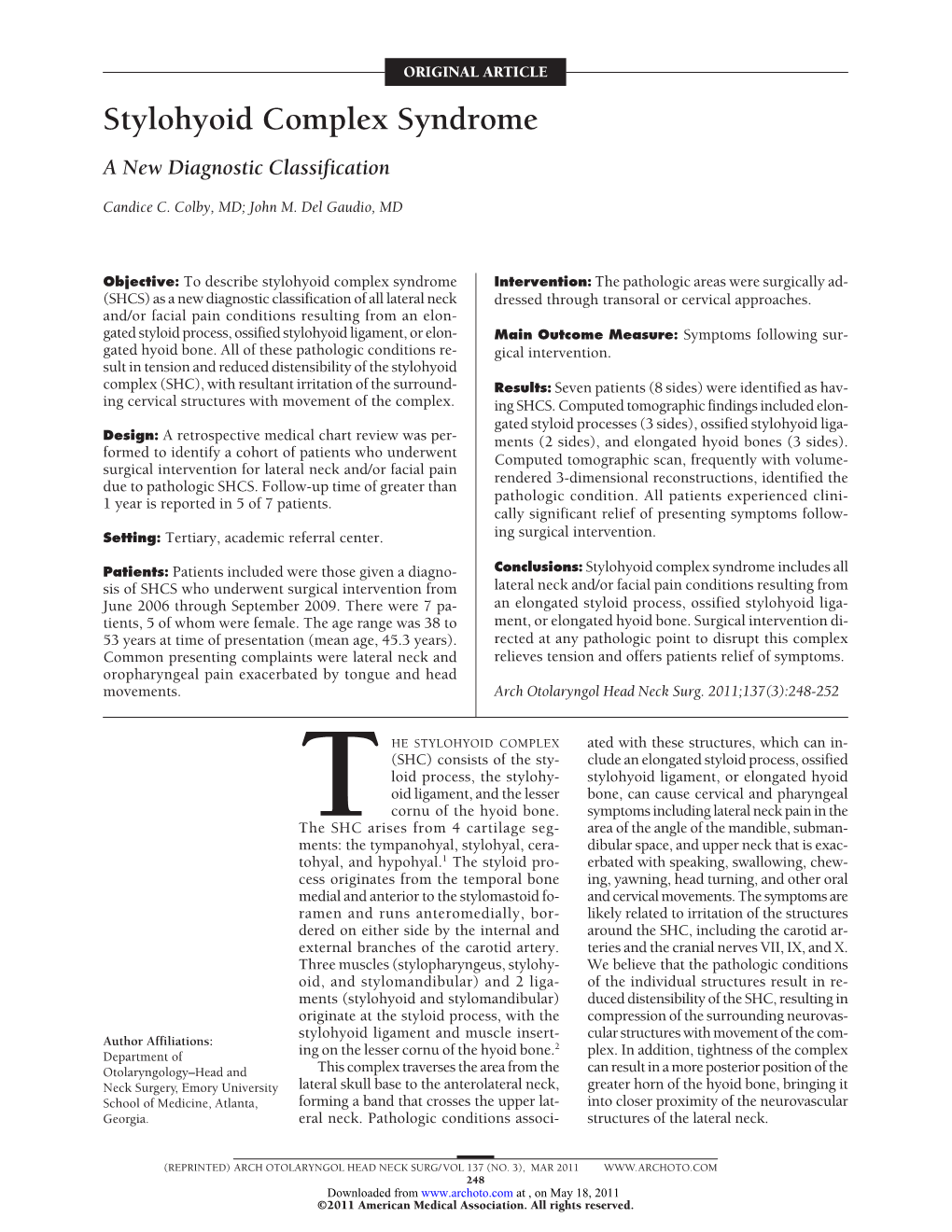 Stylohyoid Complex Syndrome a New Diagnostic Classification