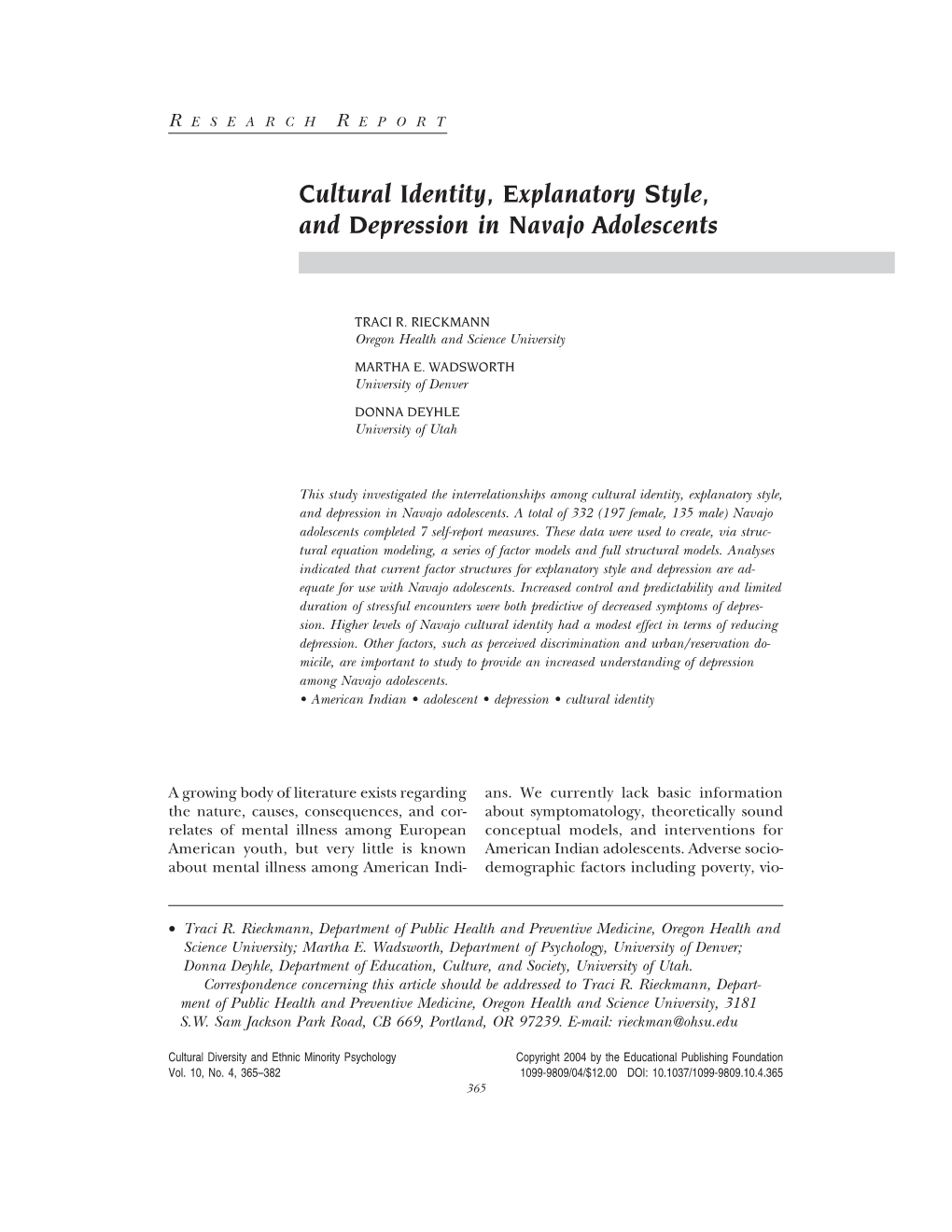 Cultural Identity, Explanatory Style, and Depression in Navajo Adolescents