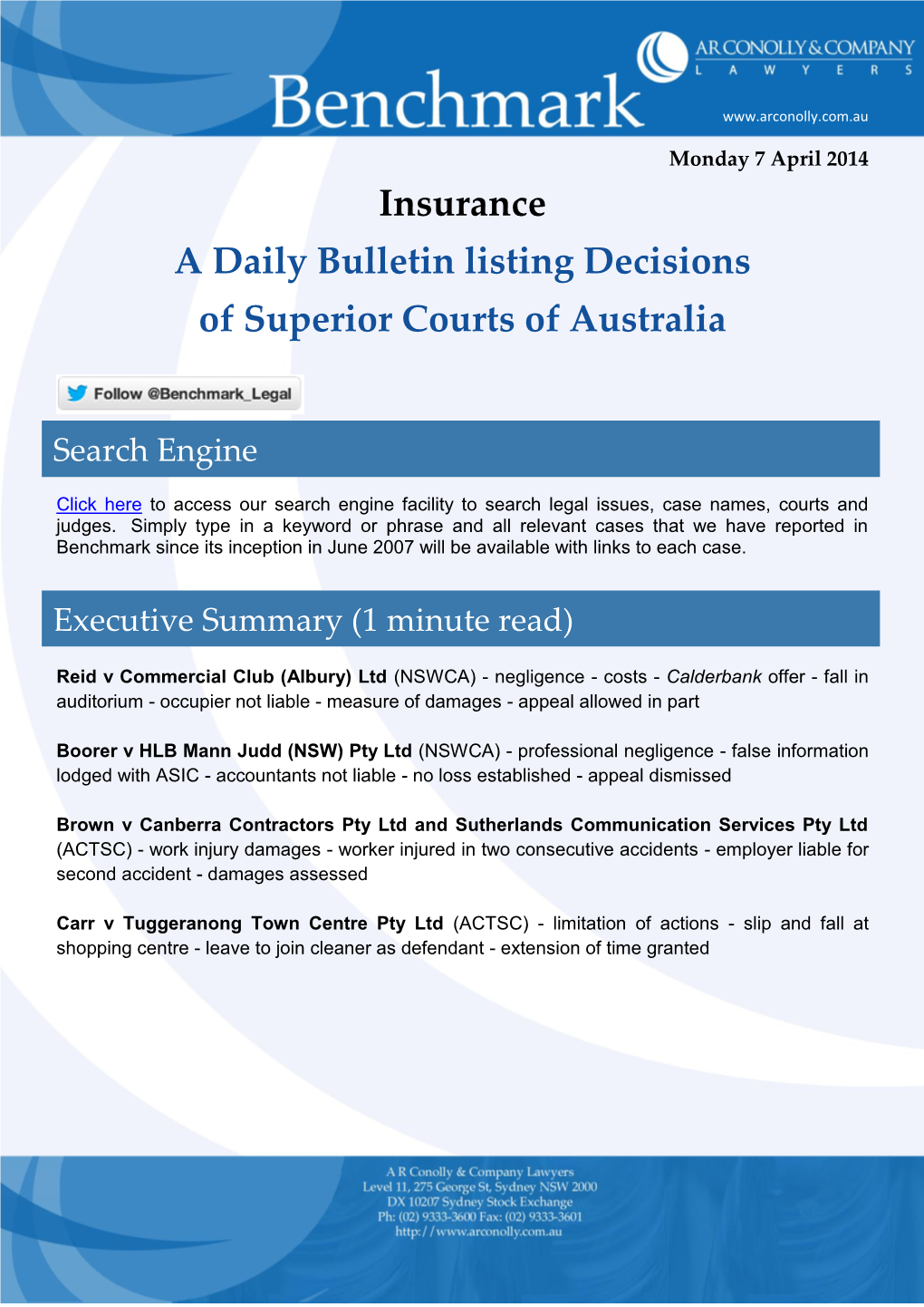 Insurance a Daily Bulletin Listing Decisions of Superior Courts of Australia