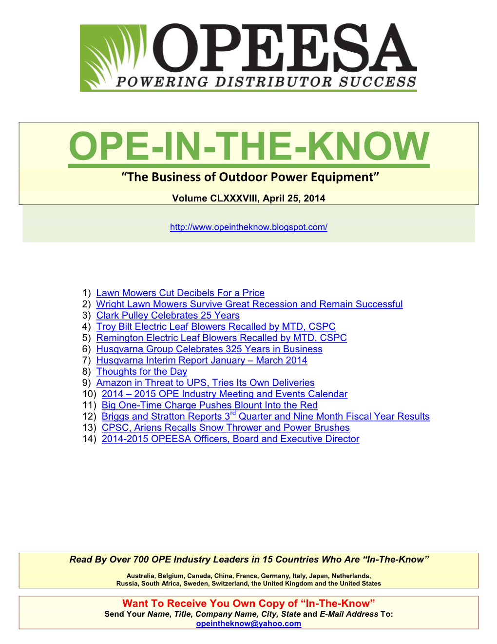 OPE-IN-THE-KNOW “The Business of Outdoor Power Equipment”