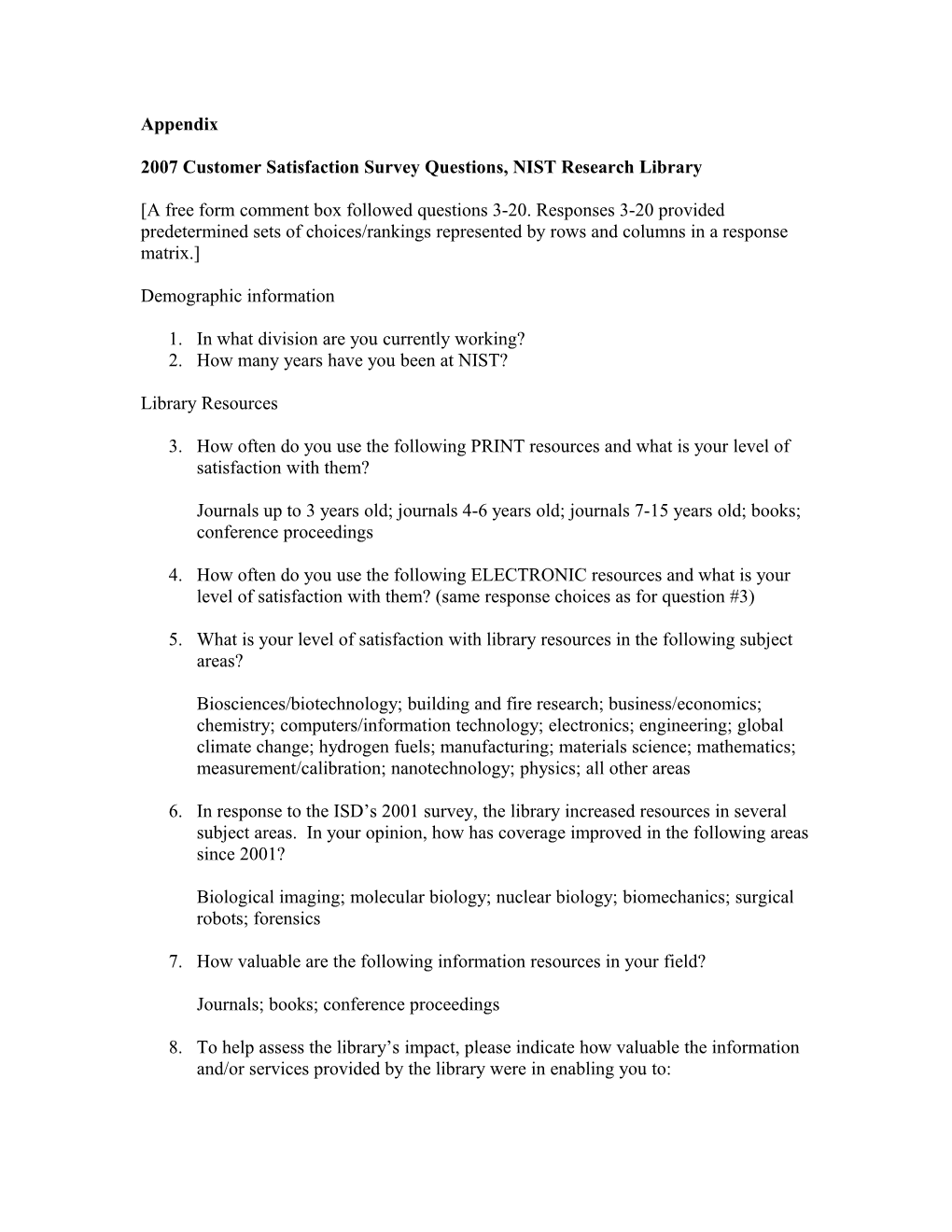 2007 Customer Satisfaction Survey Questions, NIST Research Library