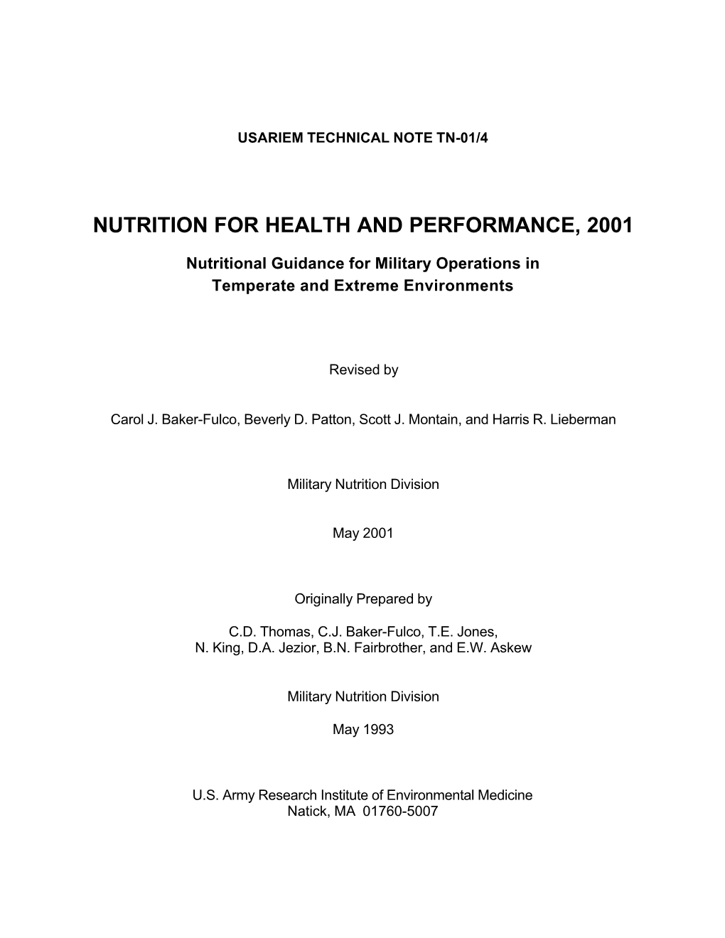 Nutrition for Health and Performance, 2001