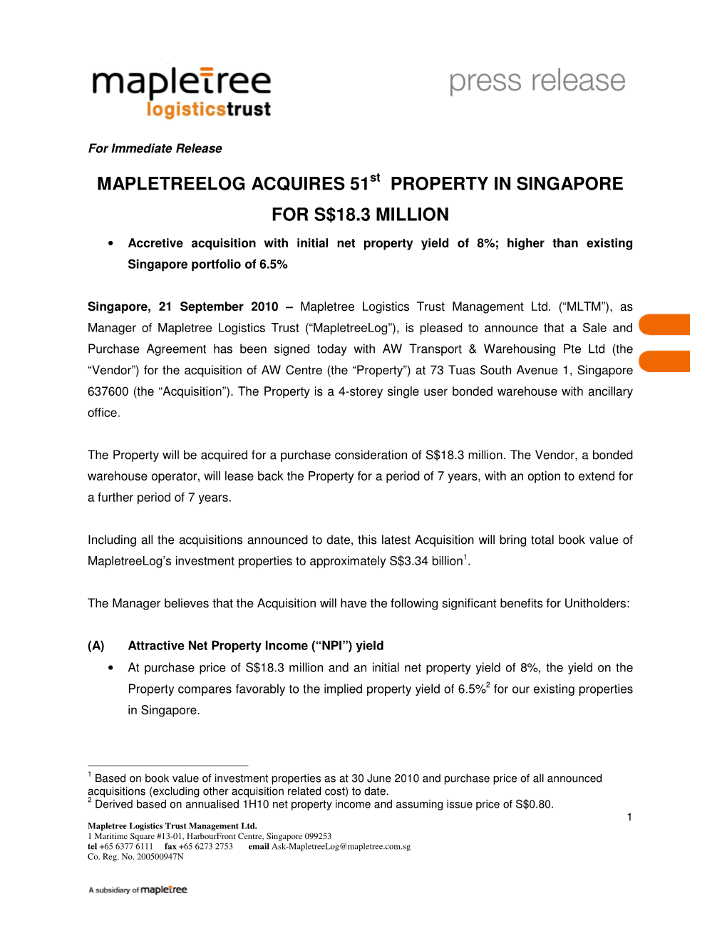 Mapletreelog Acquires 51 Property in Singapore for S
