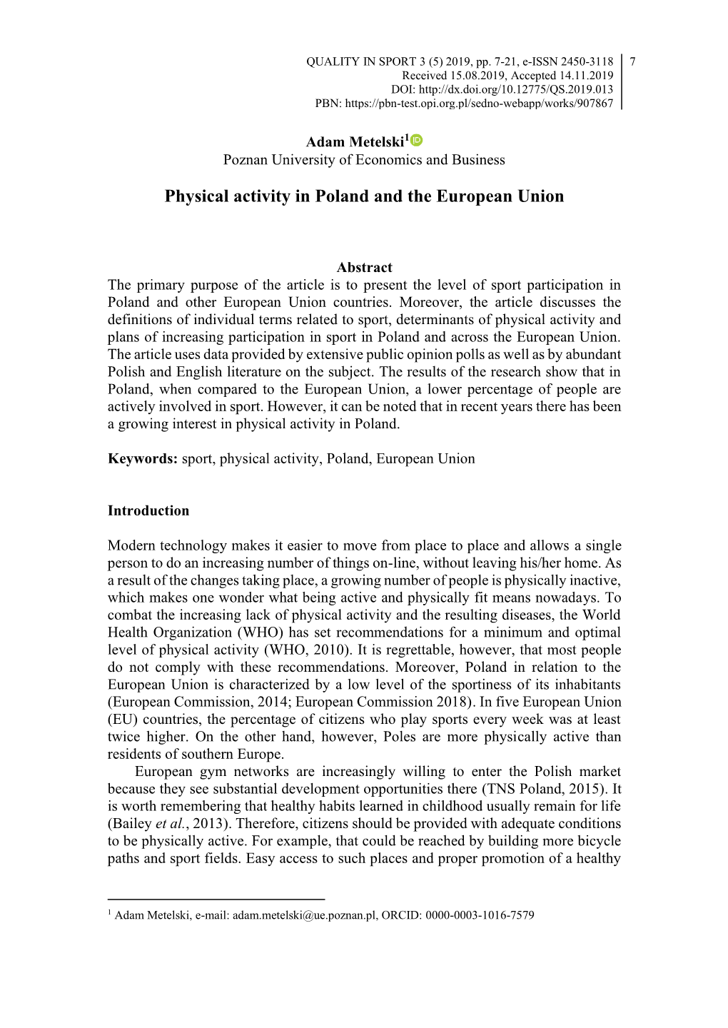 Physical Activity in Poland and the European Union