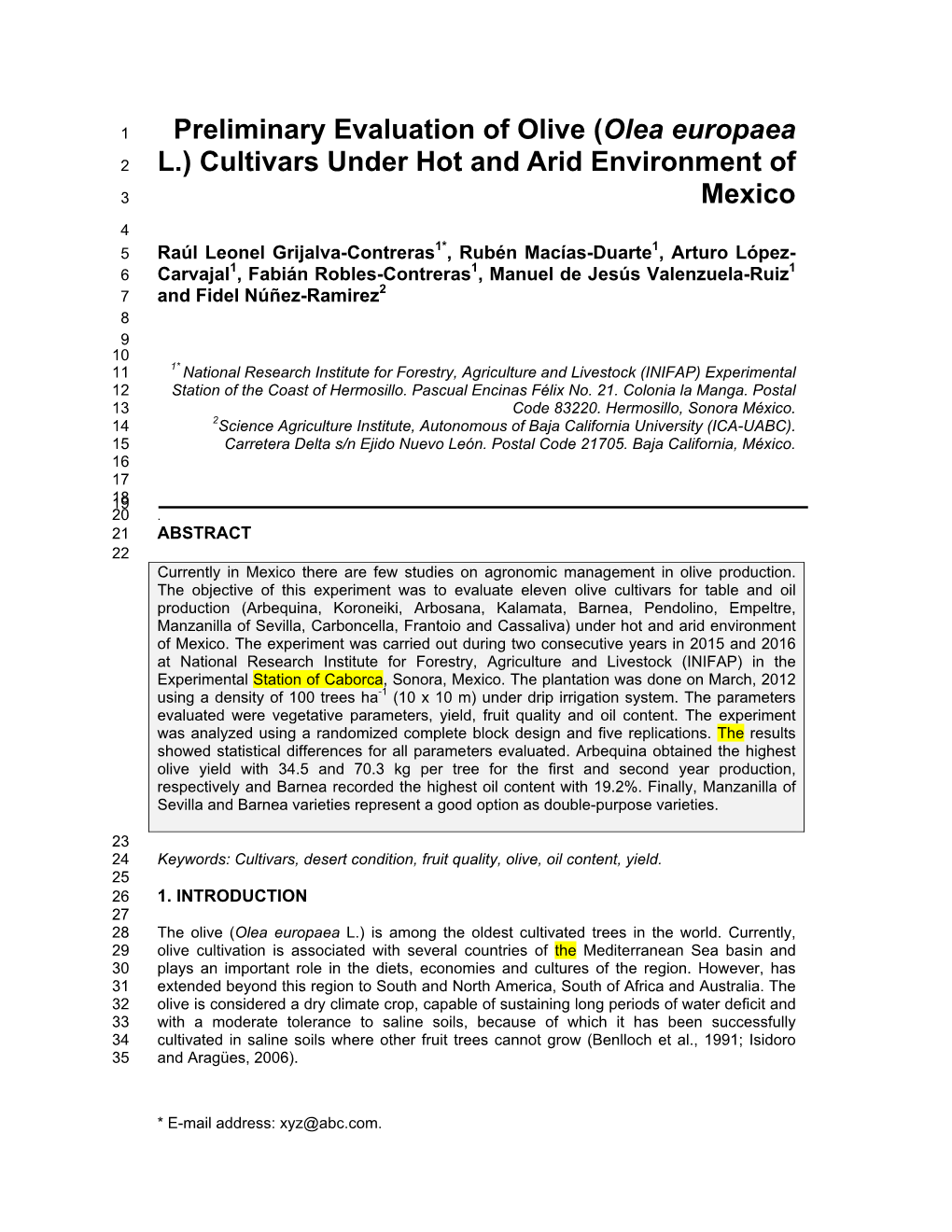 Preliminary Evaluation of Olive (Olea Europaea L.) Cultivars Under Hot