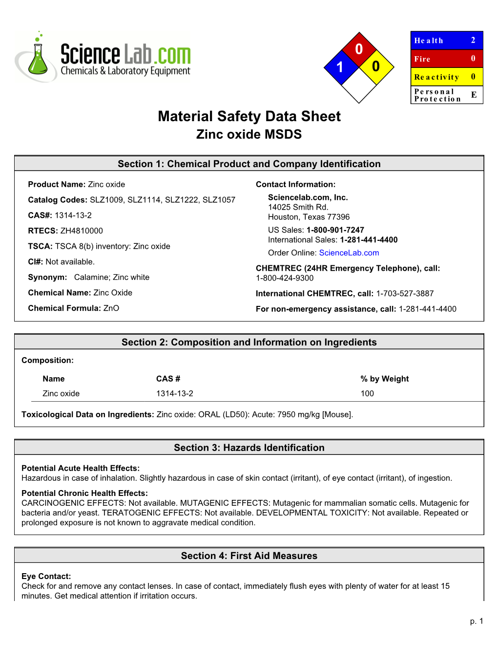 Zinc Oxide MSDS