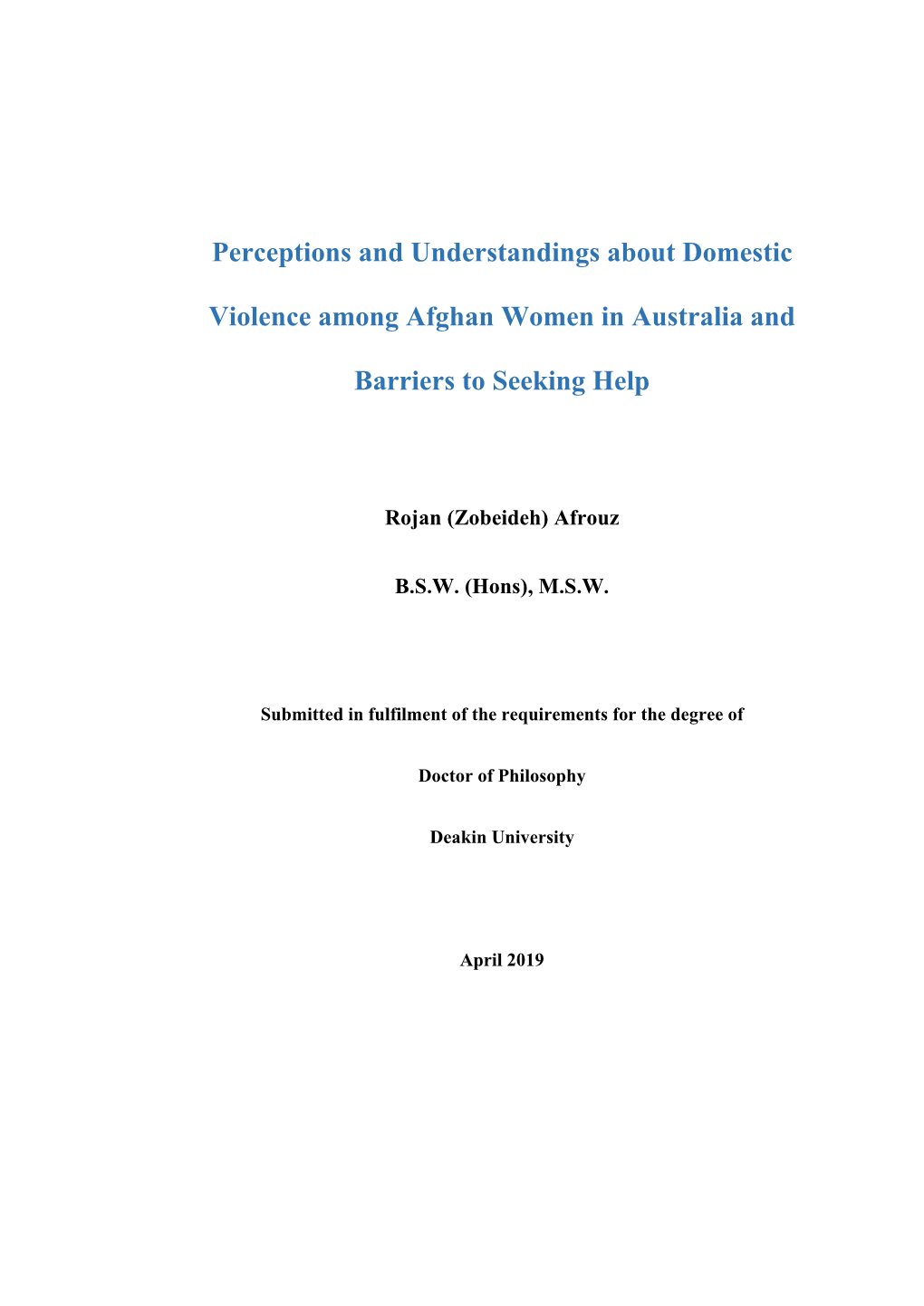 Perceptions and Understandings About Domestic Violence Among Afghan Women in Australia and Barriers to Seeking Help