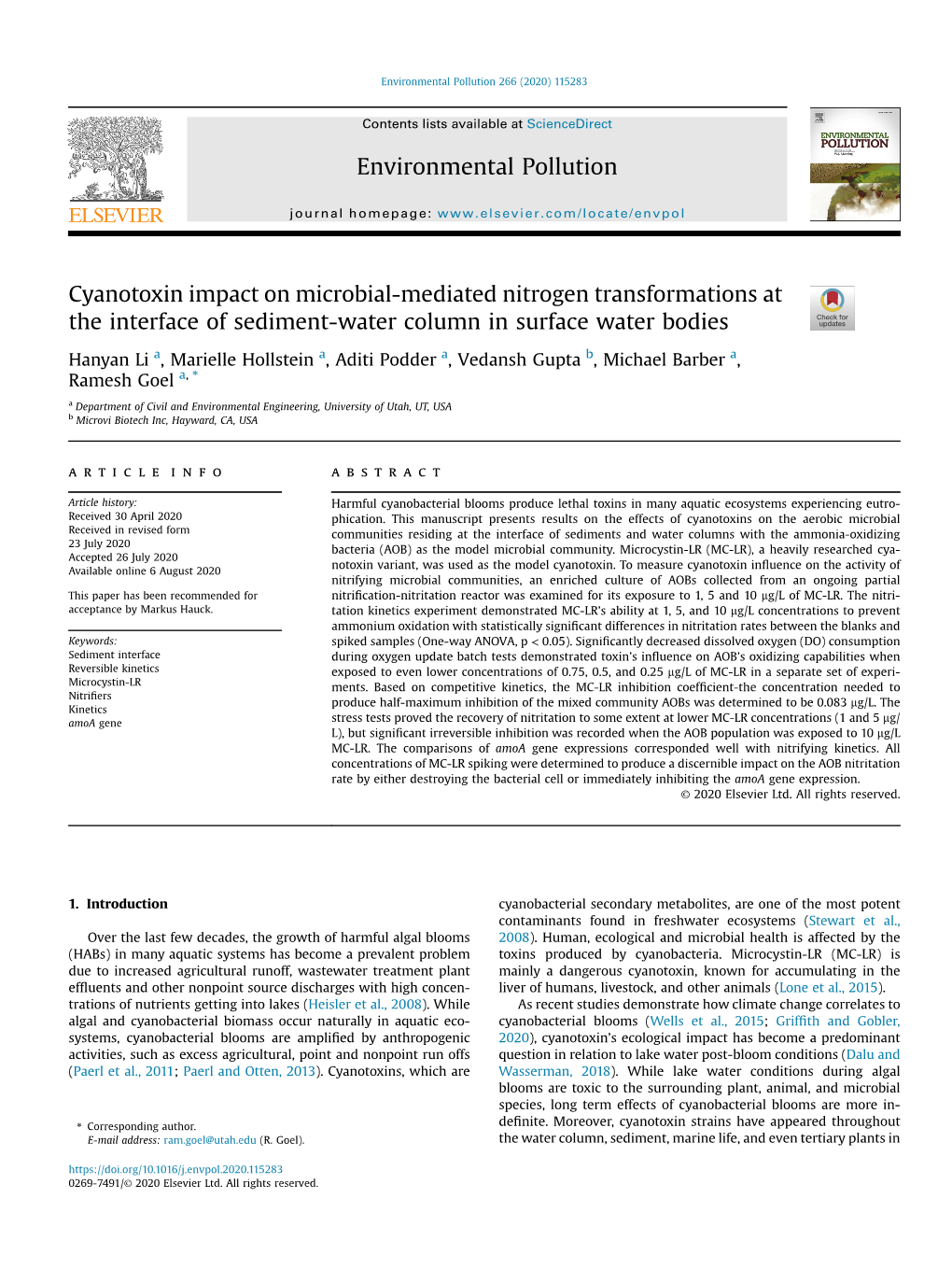 Cyanotoxin Impact on Microbial-Mediated Nitrogen Transformations at the Interface of Sediment-Water Column in Surface Water Bodies