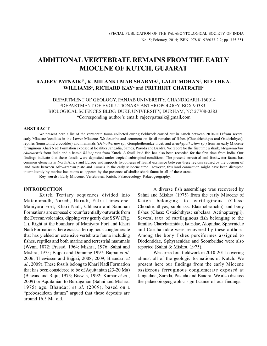 Additional Vertebrate Remains from the Early Miocene of Kutch, Gujarat