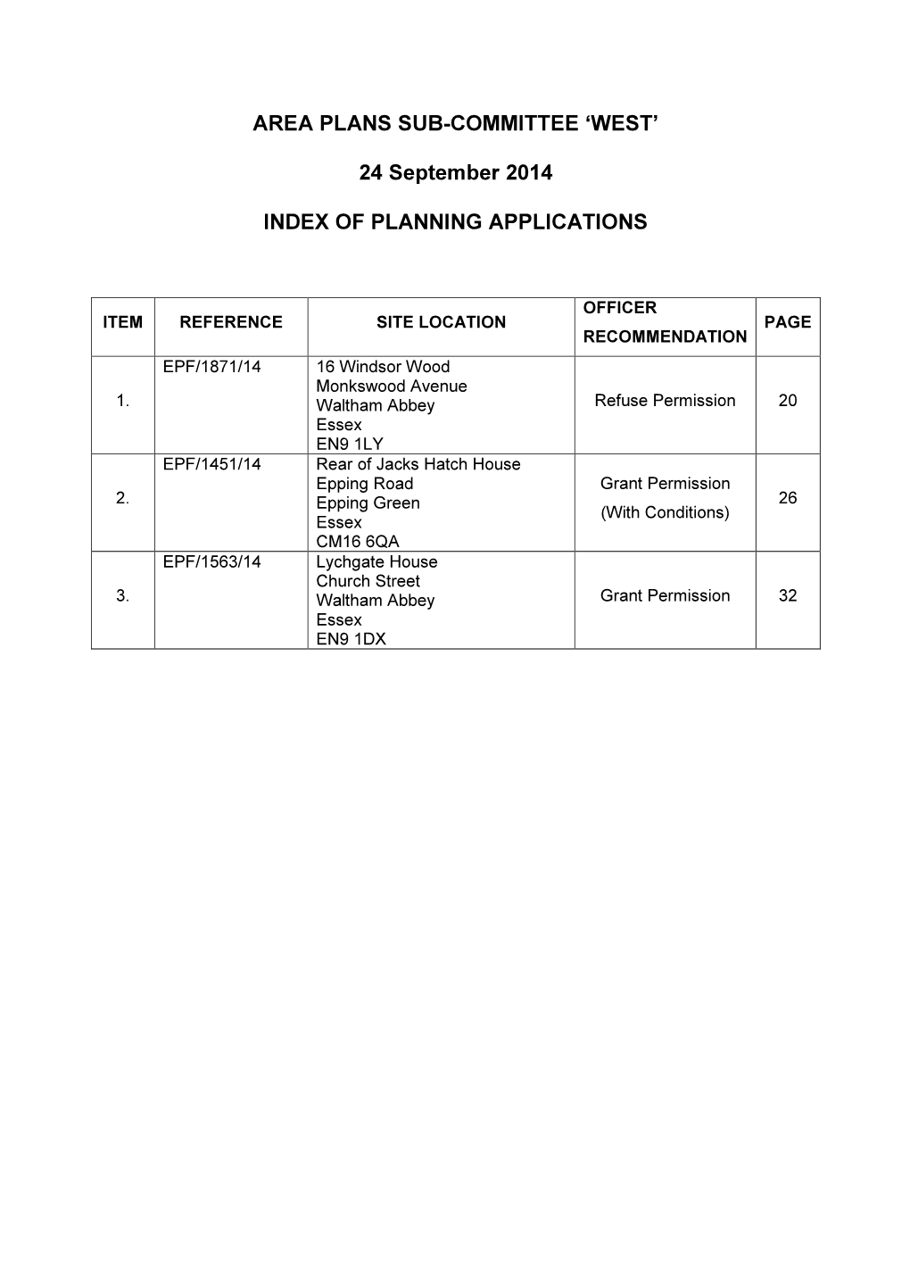 24 September 2014 INDEX of PLANNING APPLICATIONS