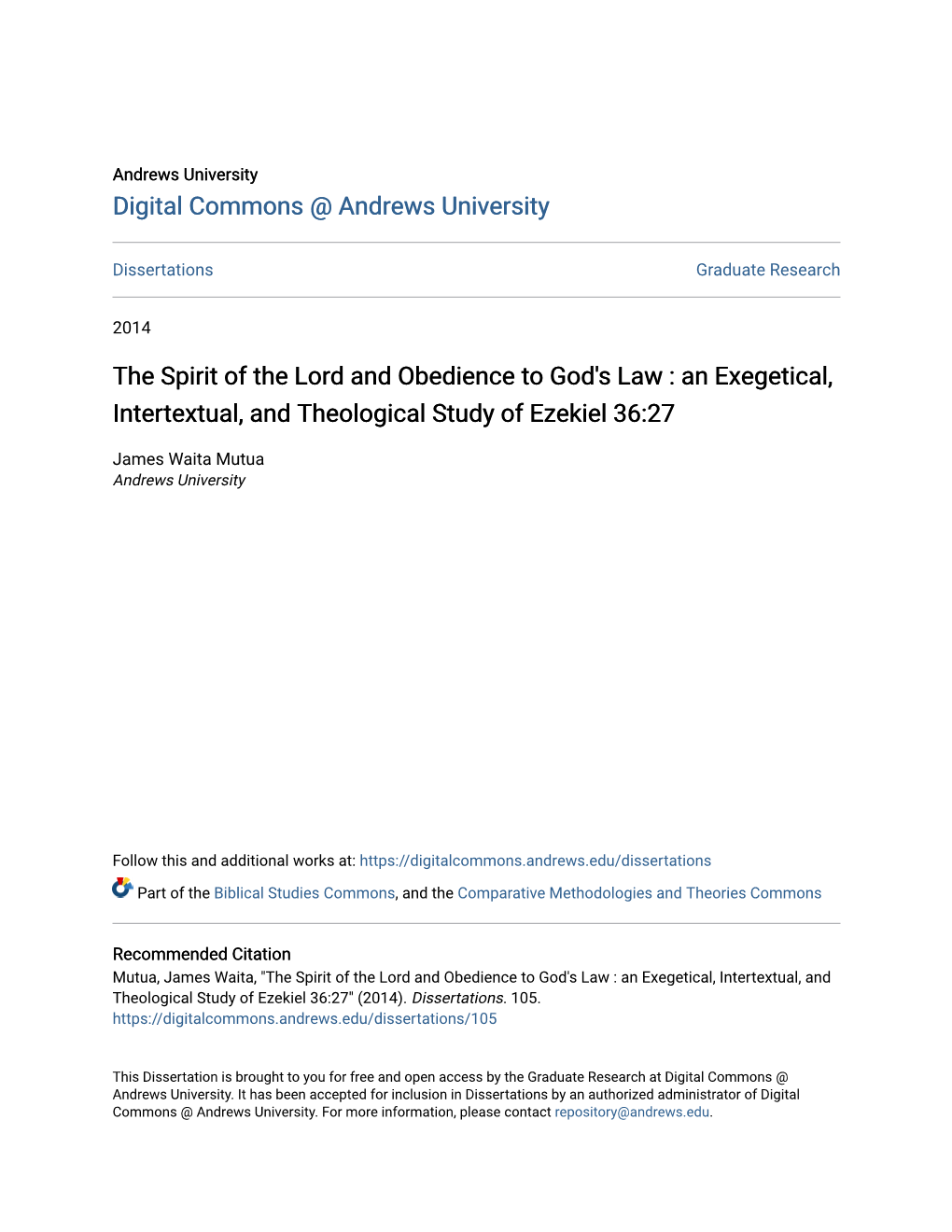 The Spirit of the Lord and Obedience to God's Law : an Exegetical, Intertextual, and Theological Study of Ezekiel 36:27