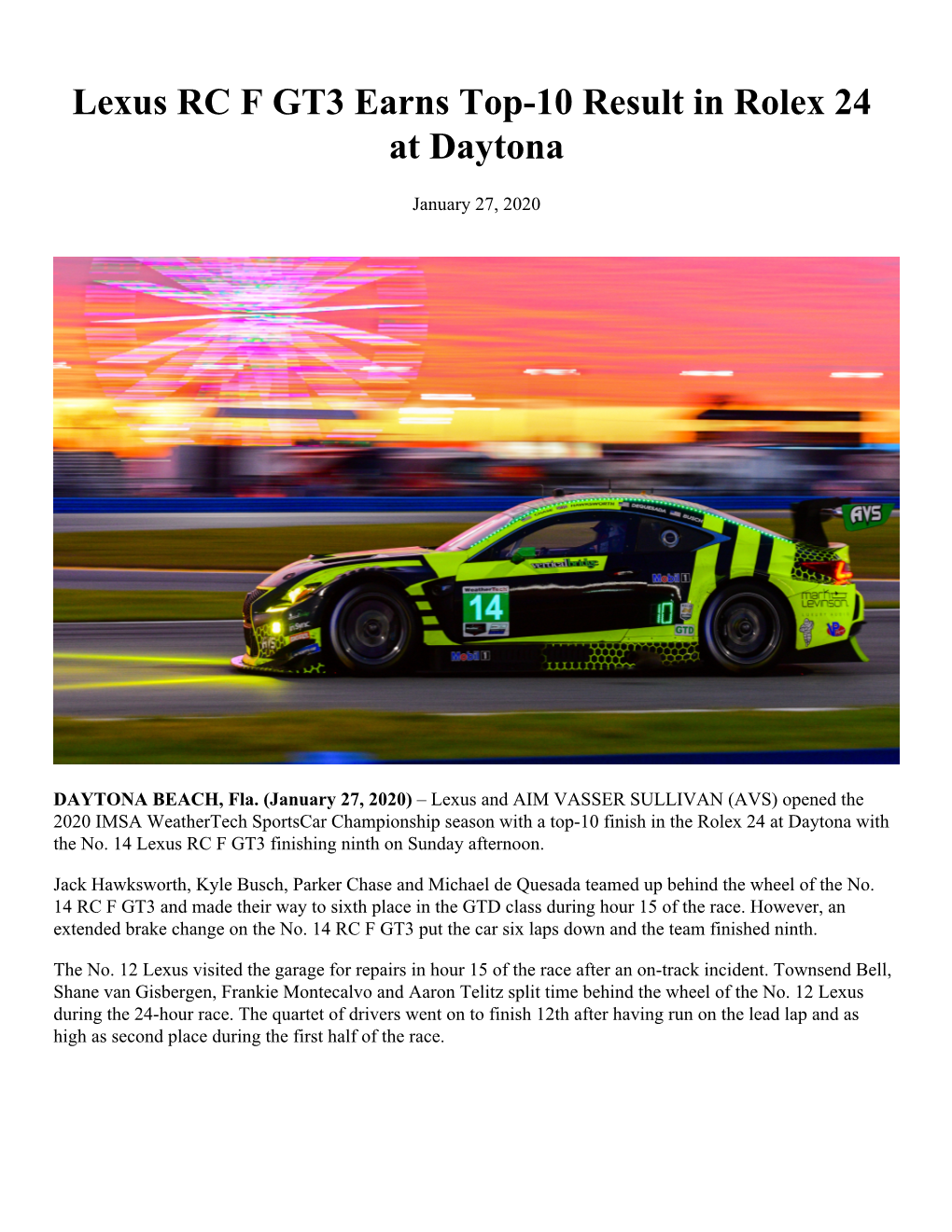 Lexus RC F GT3 Earns Top-10 Result in Rolex 24 at Daytona
