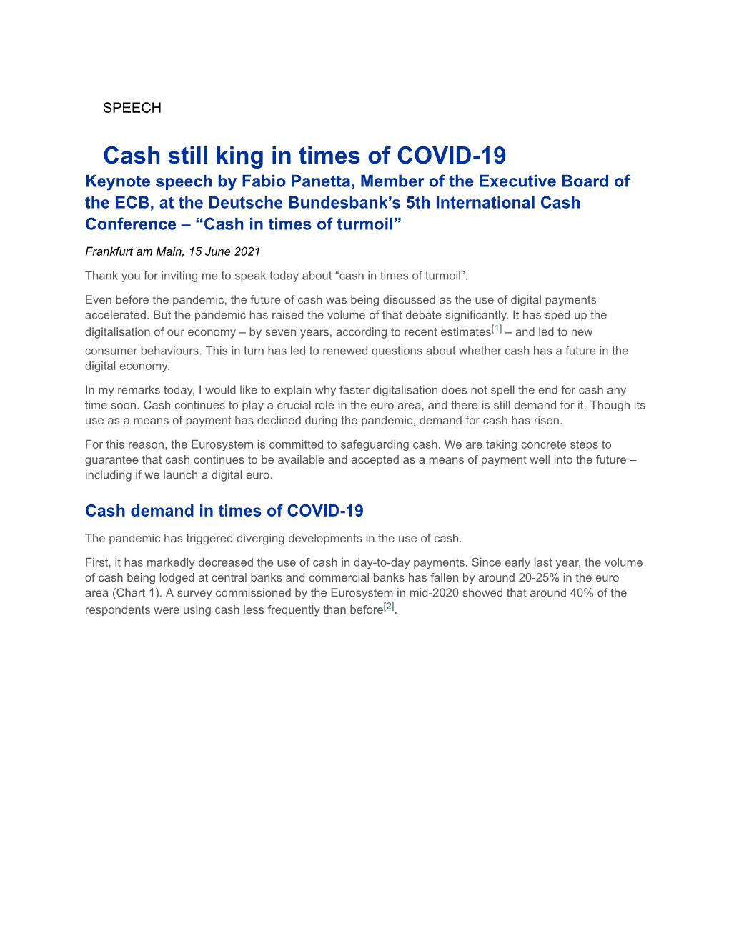 Fabio Panetta: Cash Still King in Times of Covid-19