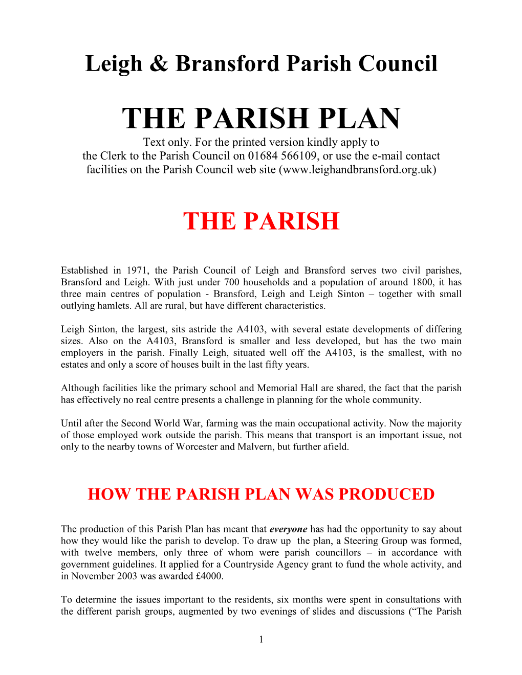 THE PARISH PLAN Text Only