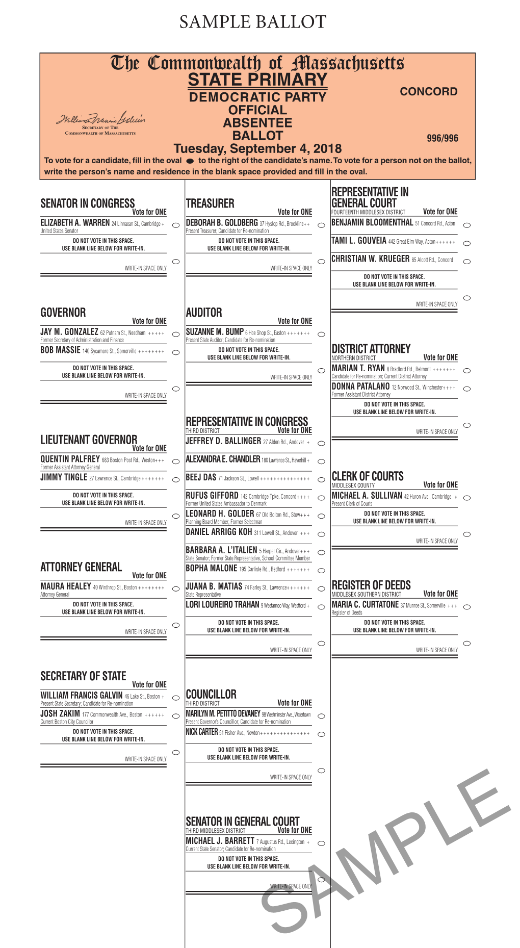 2018-09-04 Democratic State Primary Sample Ballot