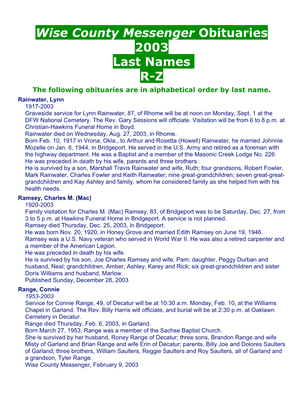 Rainwater, Lynn 2003 -- 2003 Wise County Messenger