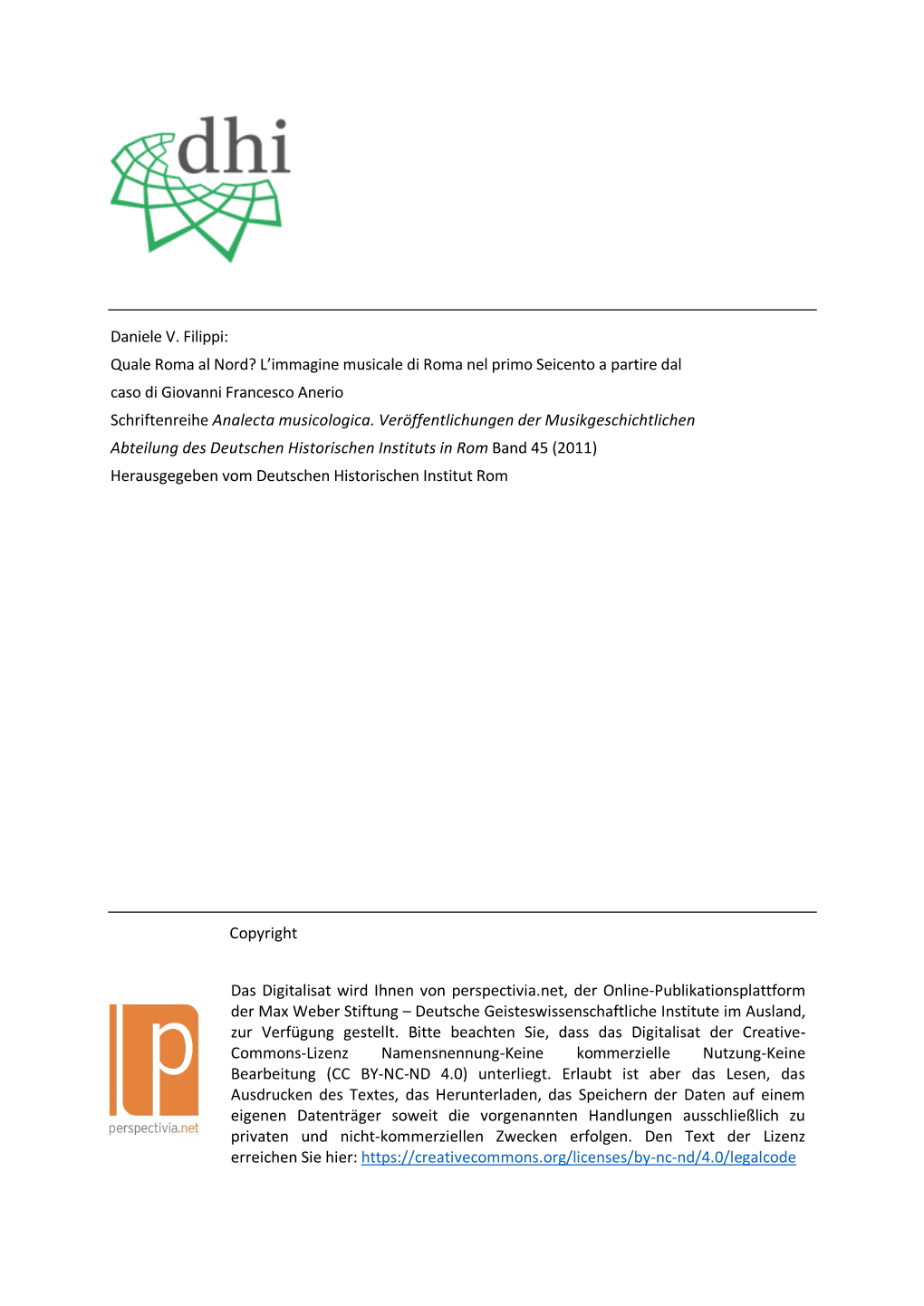 Daniele V. Filippi: Quale Roma Al Nord? L'immagine Musicale Di Roma Nel Primo Seicento a Partire Dal Caso Di Giovanni Frances