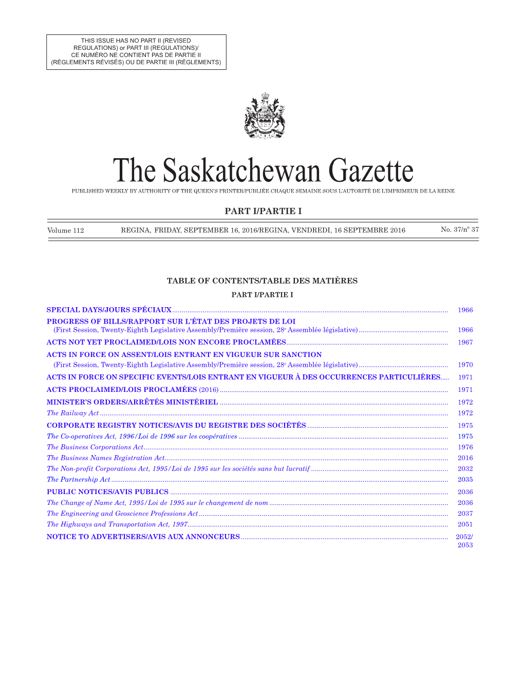 The Saskatchewan Gazette, September 16, 2016 1965