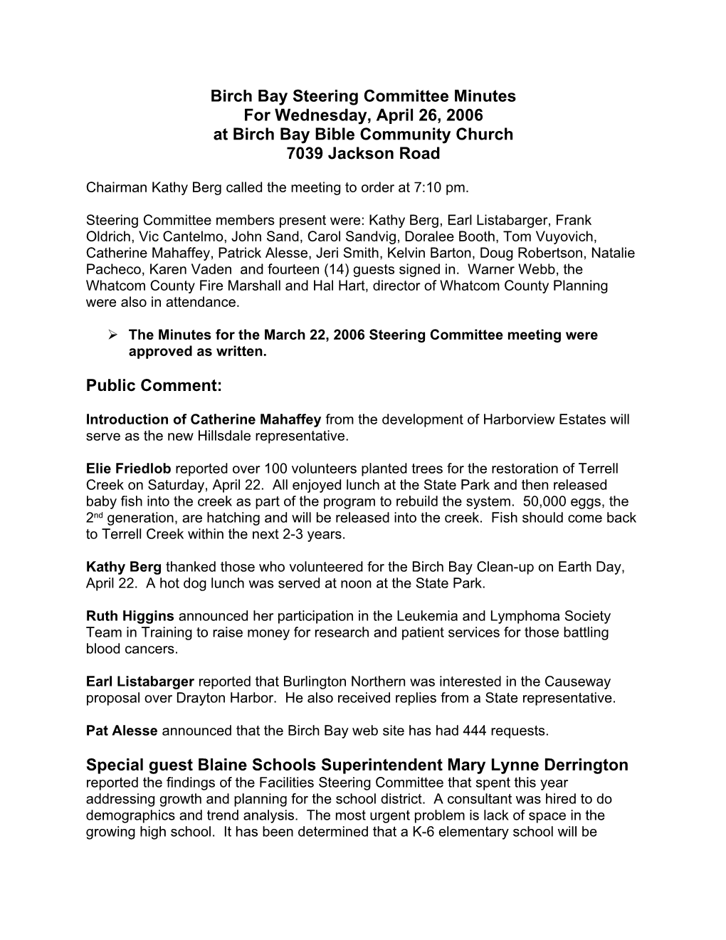 Birch Bay Steering Committee Minutes