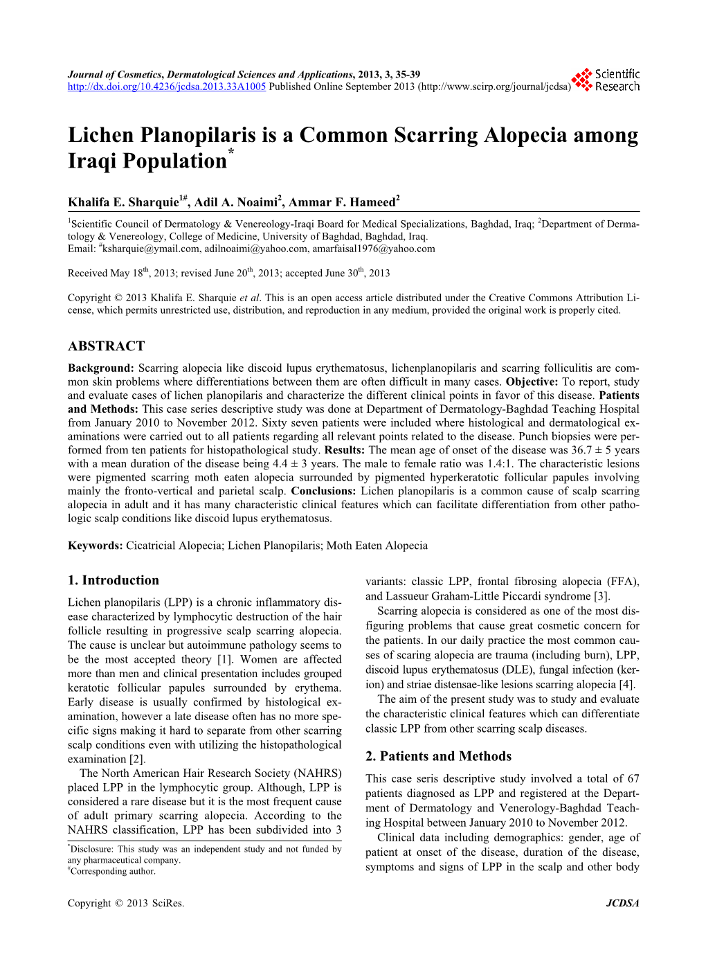 Lichen Planopilaris Is a Common Scarring Alopecia Among Iraqi Population*