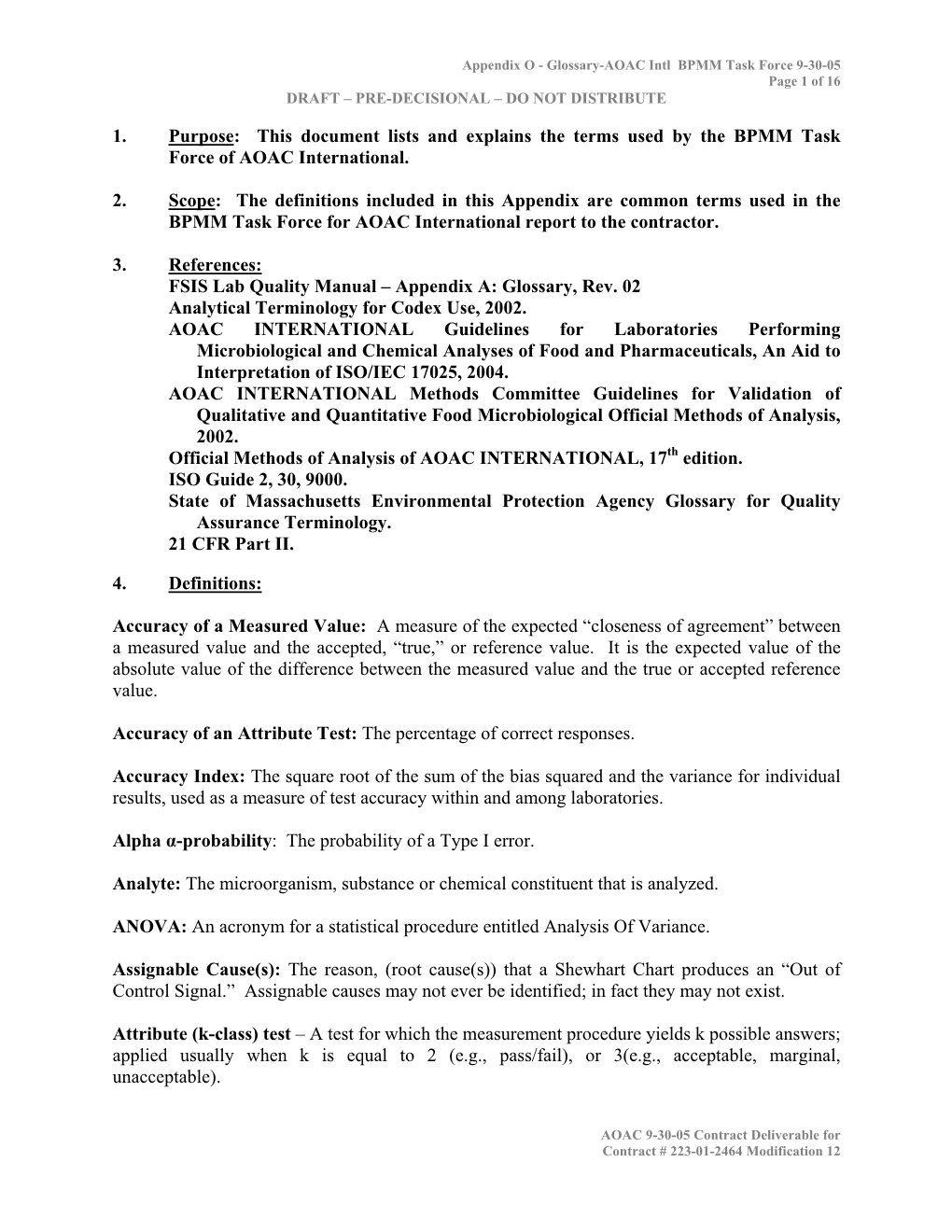 Glossary-AOAC Intl BPMM Task Force 9-30-05 Page 1 of 16 DRAFT – PRE-DECISIONAL – DO NOT DISTRIBUTE