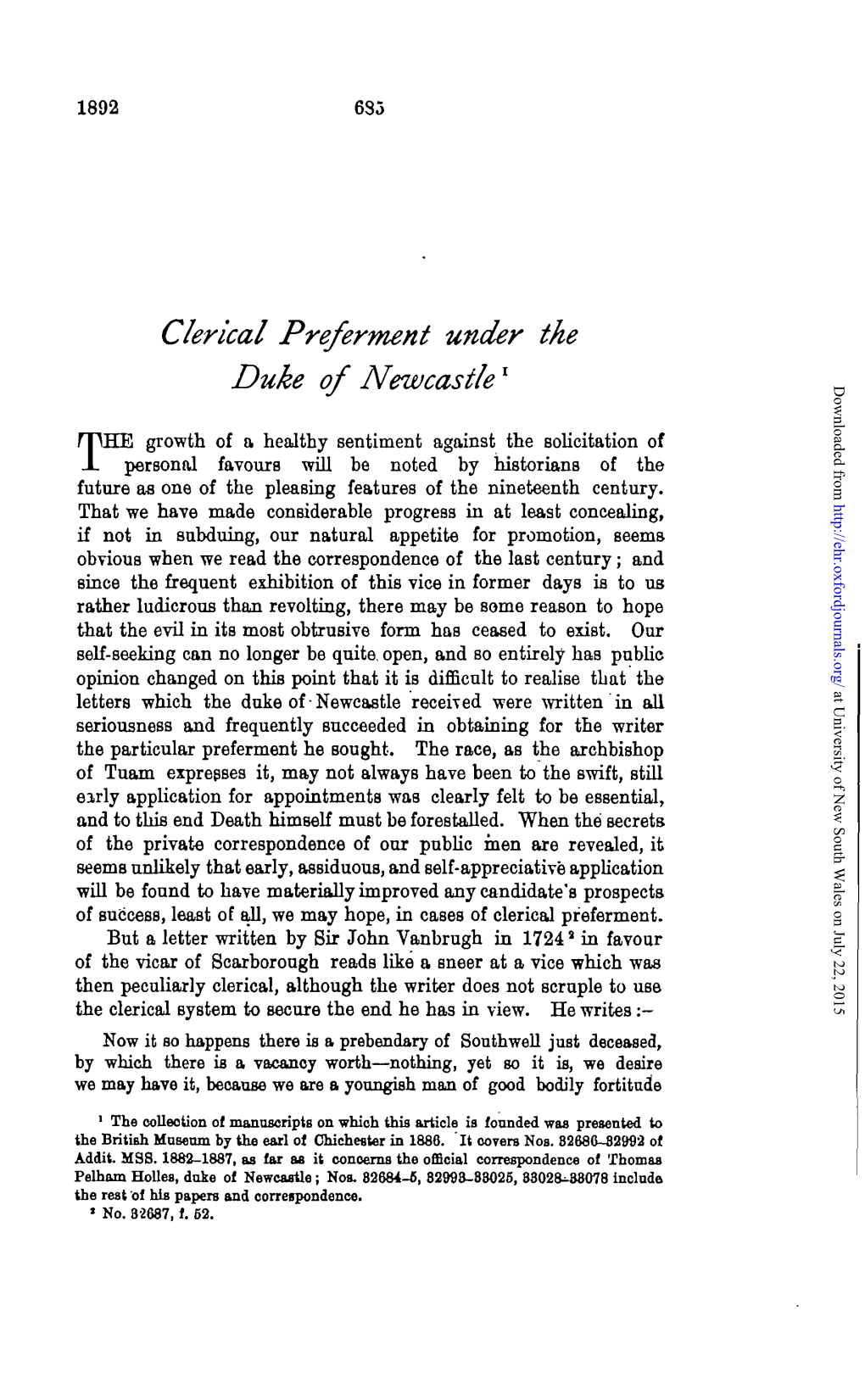 Clerical Preferment Under the Duke of Newcastlel