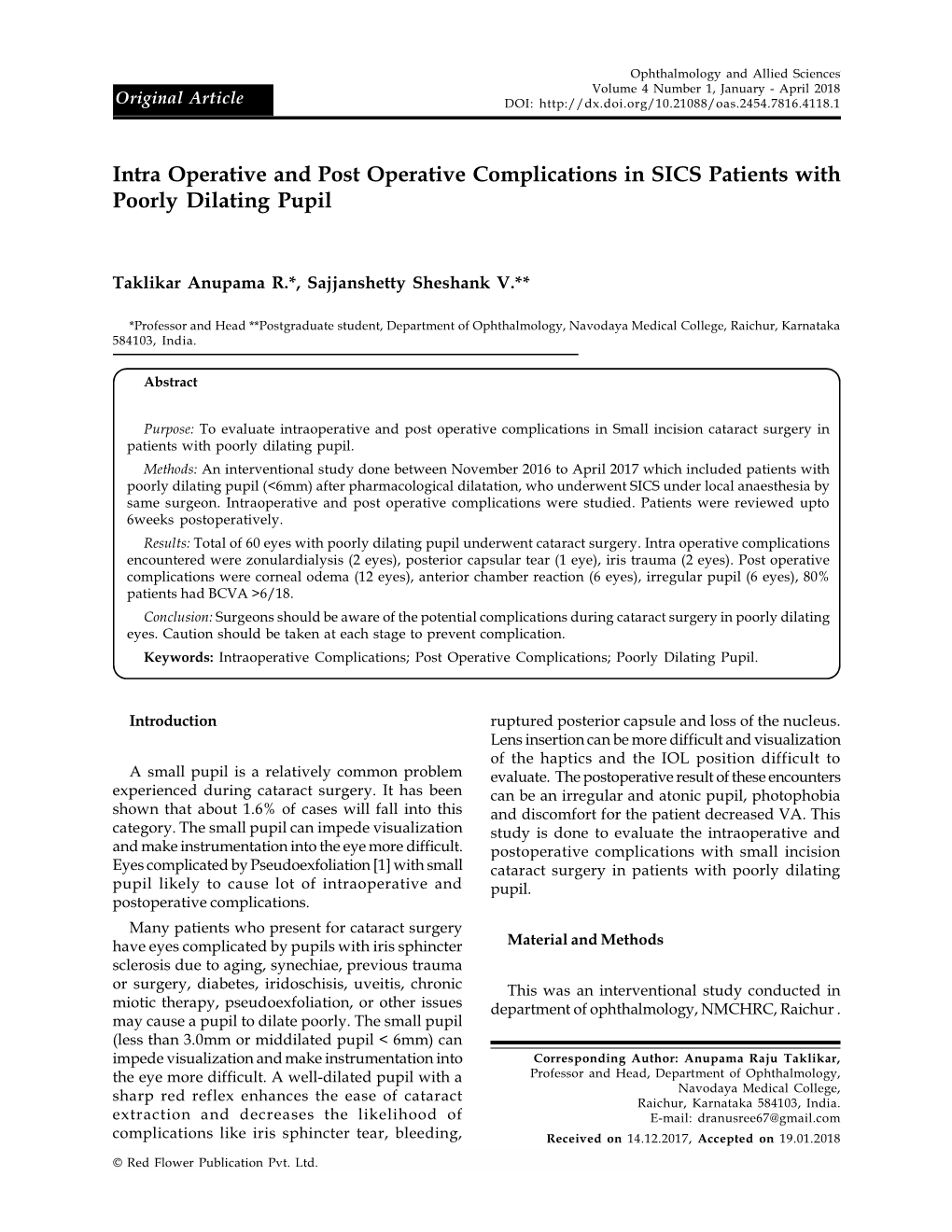 Intra Operative and Post Operative Complications in SICS Patients with Poorly Dilating Pupil