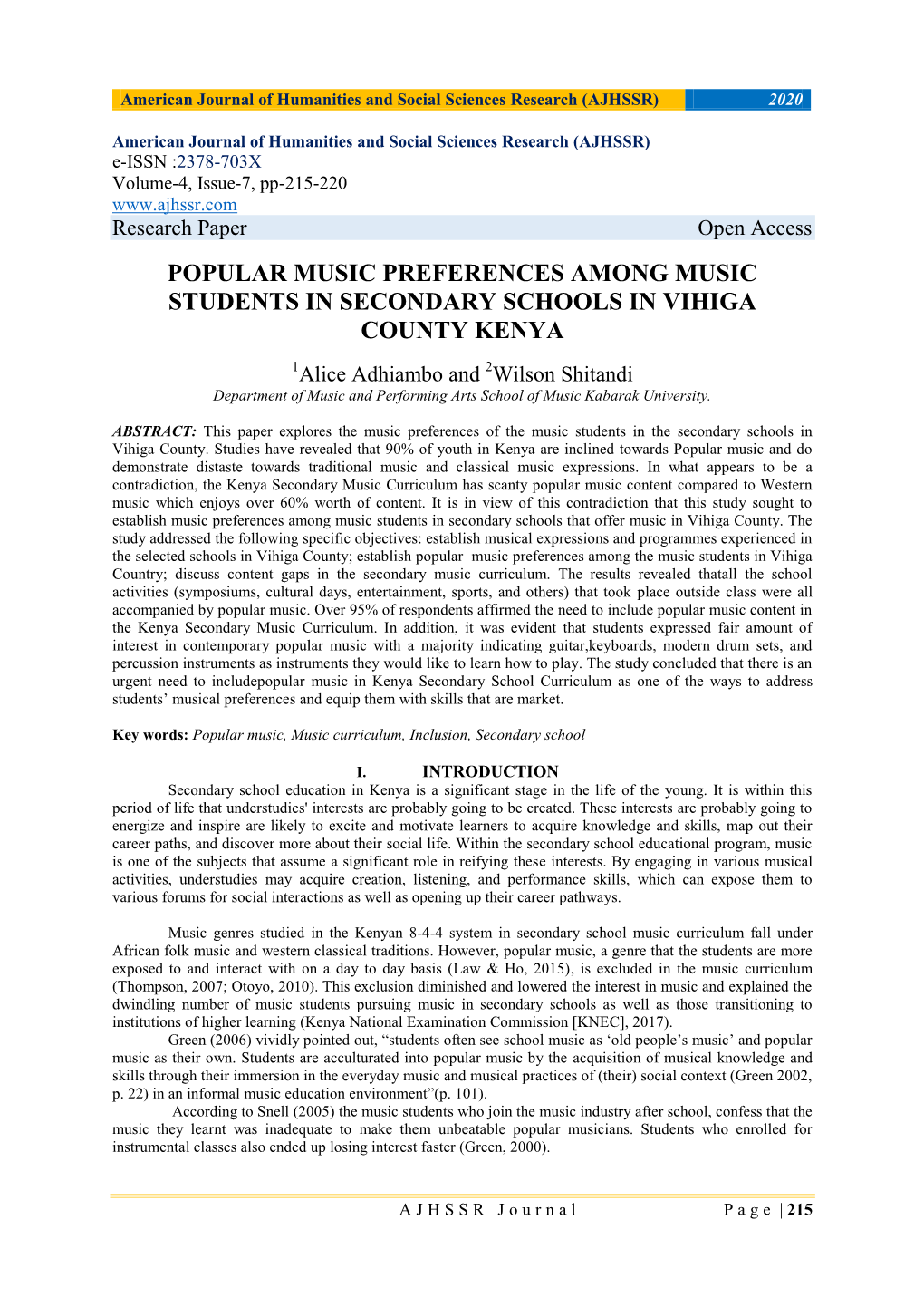 Popular Music Preferences Among Music Students in Secondary Schools in Vihiga County Kenya