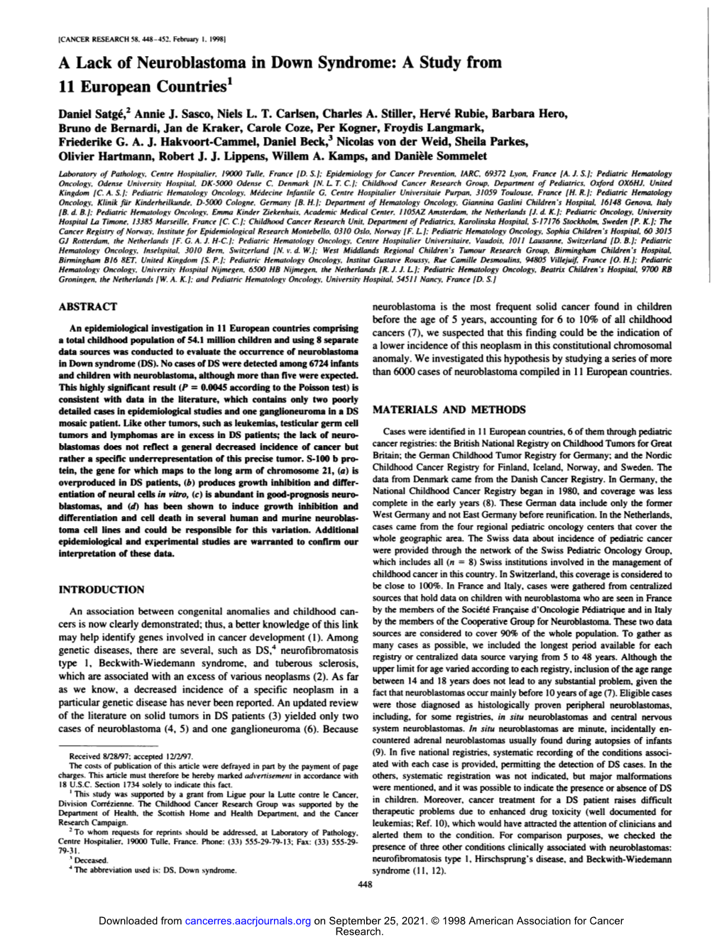 A Lack of Neuroblastoma in Down Syndrome: a Study from 11 European Countries1