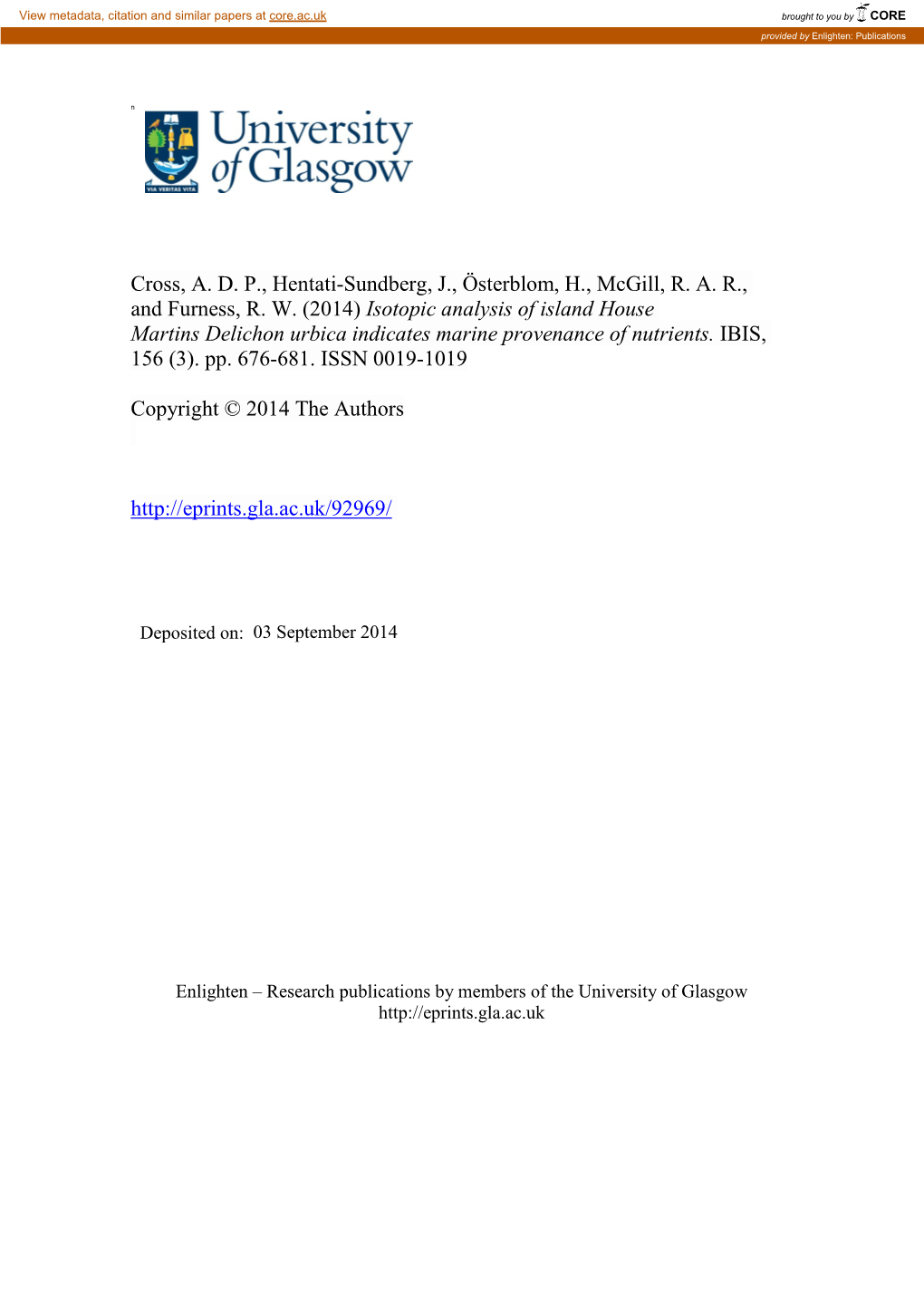 Isotopic Analysis of Island House Martins Delichon Urbica Indicates Marine Provenance of Nutrients